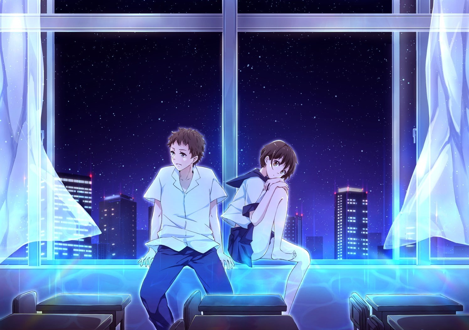 anime, school uniform, anime girls, anime boys, 720P, window, HD Wallpaper