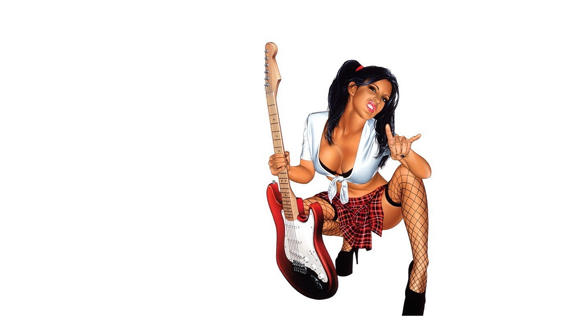 red, girl, d, hd, woman, music, punk, guitar, 1080P, holding, white, illustration, stratocaster, HD Wallpaper