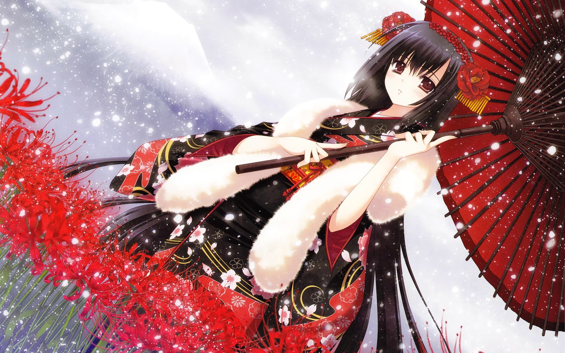 clothing, snow, transportation, dark hair, lifestyles, mode of transportation, haired, kimono, 1080P, young adult, holding, black, women, anime, beautiful woman, HD Wallpaper