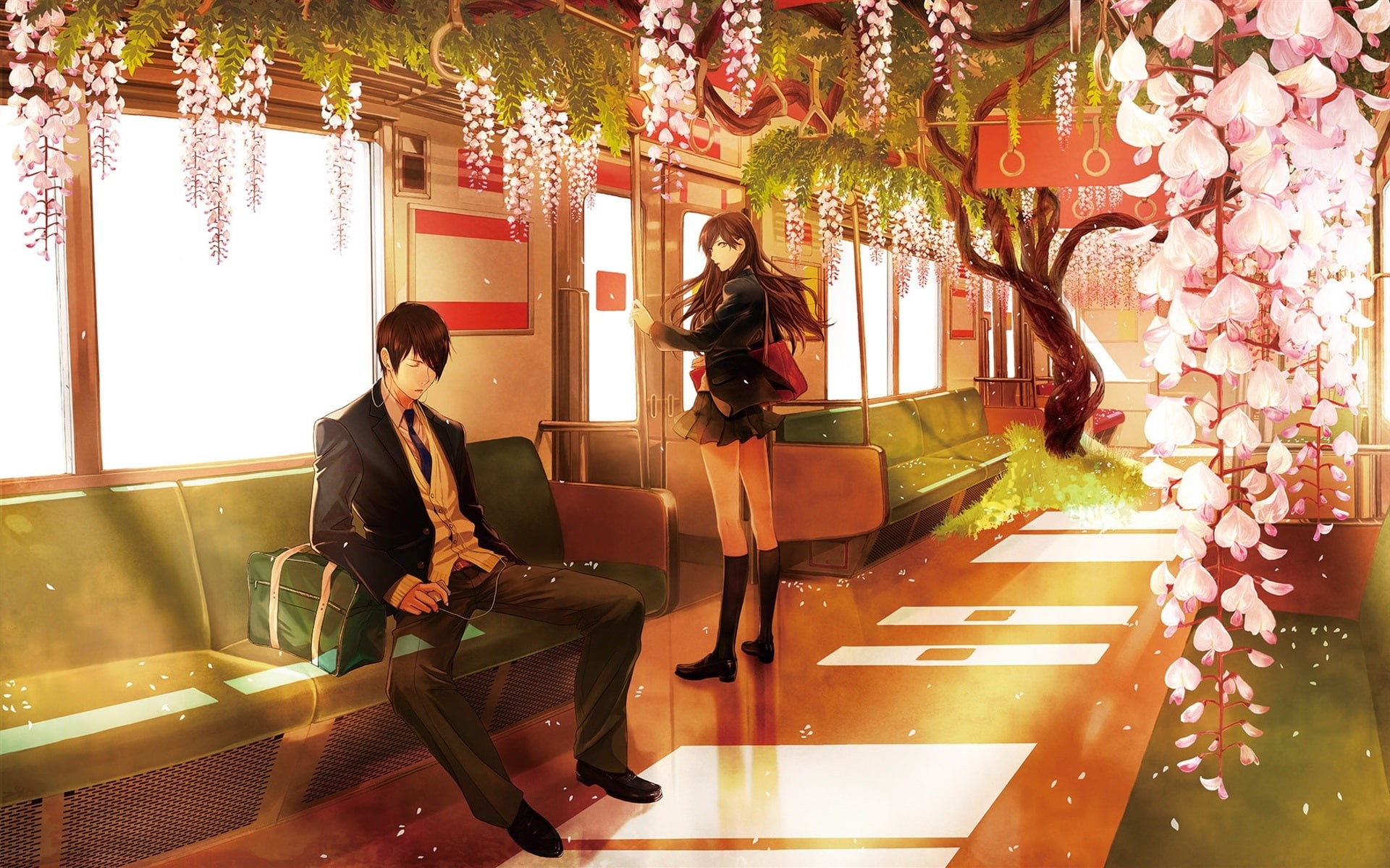 characters, Metro, 1080P, man, Flowers, Anime, Pink, illustration, woman, Boy, Girl, HD Wallpaper