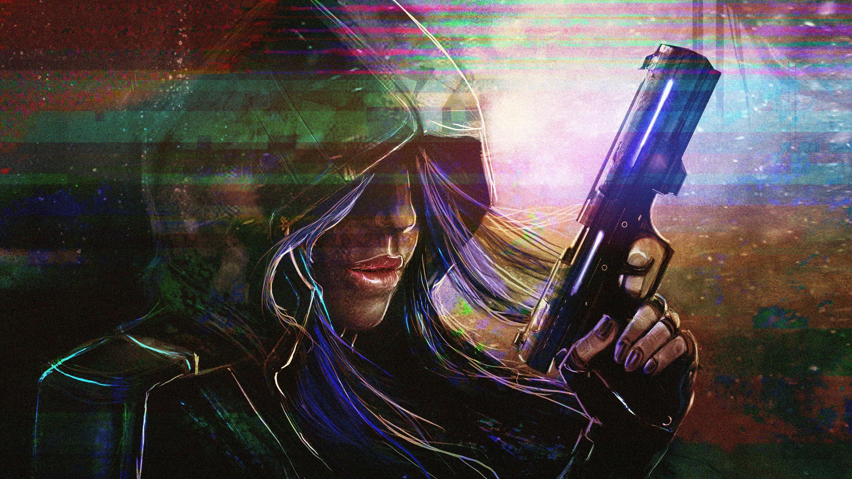 weapon, hoods, cyberpunk, girls with guns, pistol, artwork, 2K, HD Wallpaper