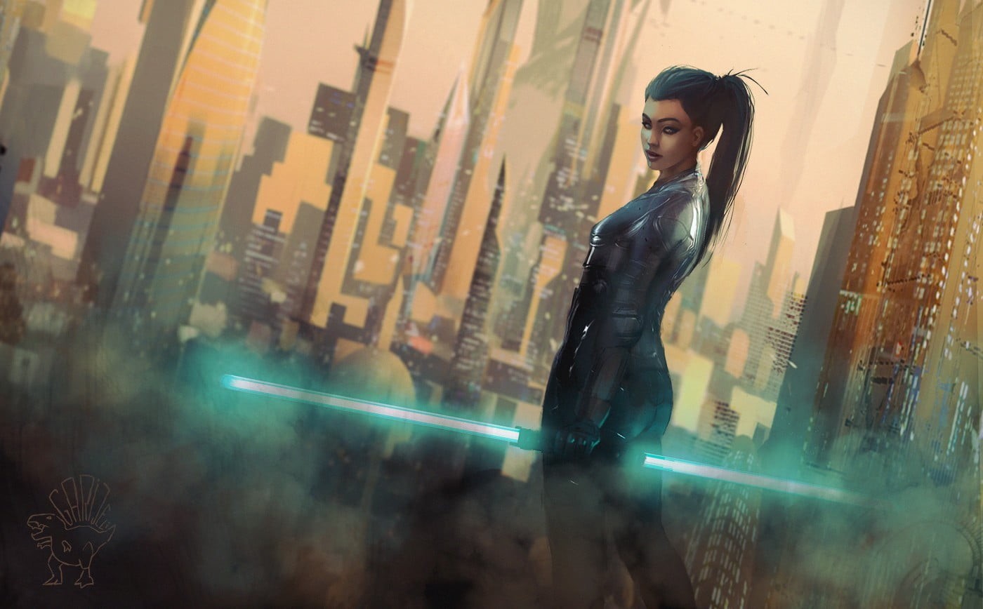 one person, Jedi, standing, young adult, cityscape, artwork, young women, holding, beautiful woman, adult, outdoors, window, office building exterior, skyscraper, HD Wallpaper