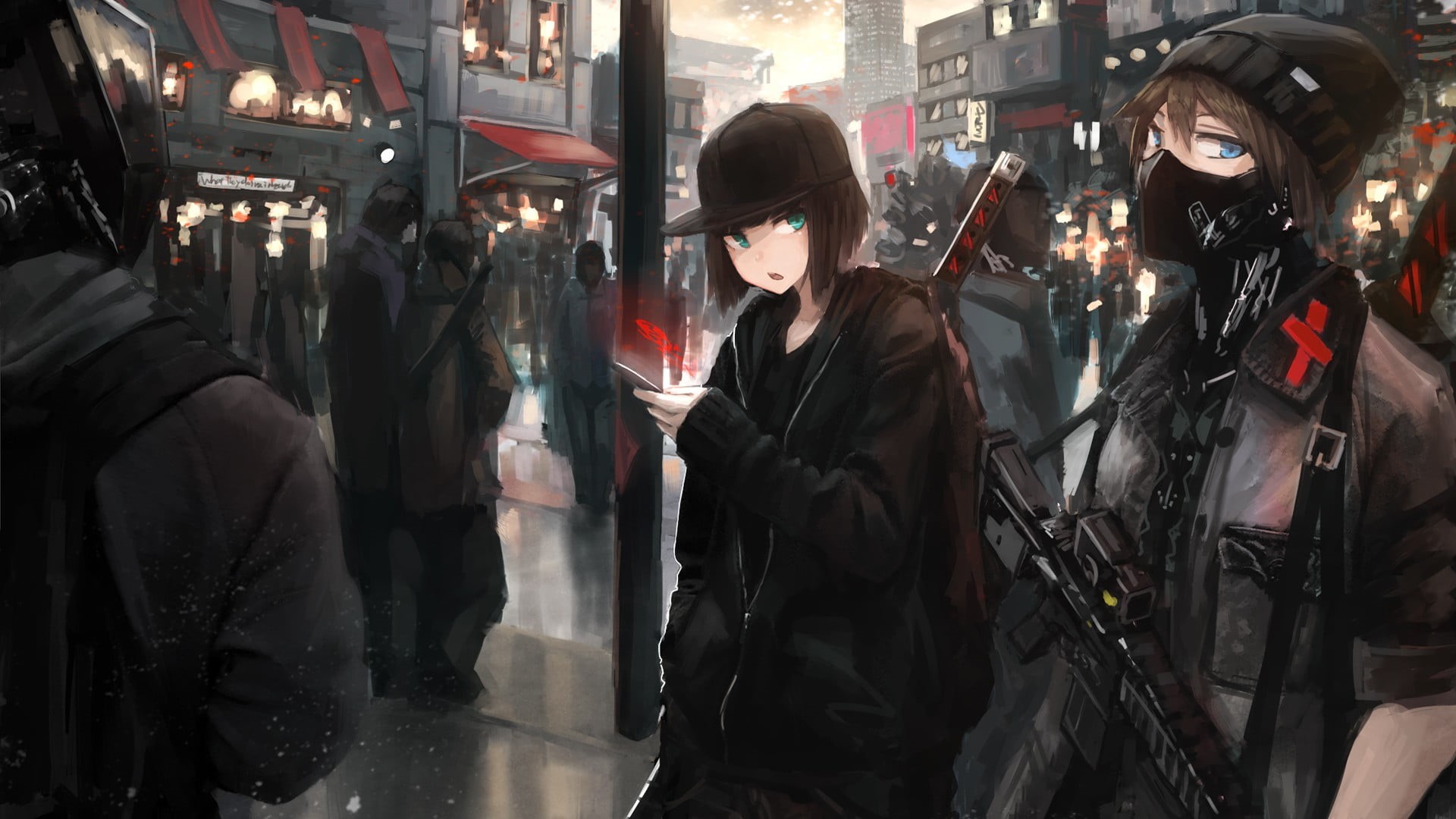 standing, street, architecture, women, shopping, night, anime girls, walking, incidental people, group of people, young adult, 1080P, waist up, photographer, HD Wallpaper