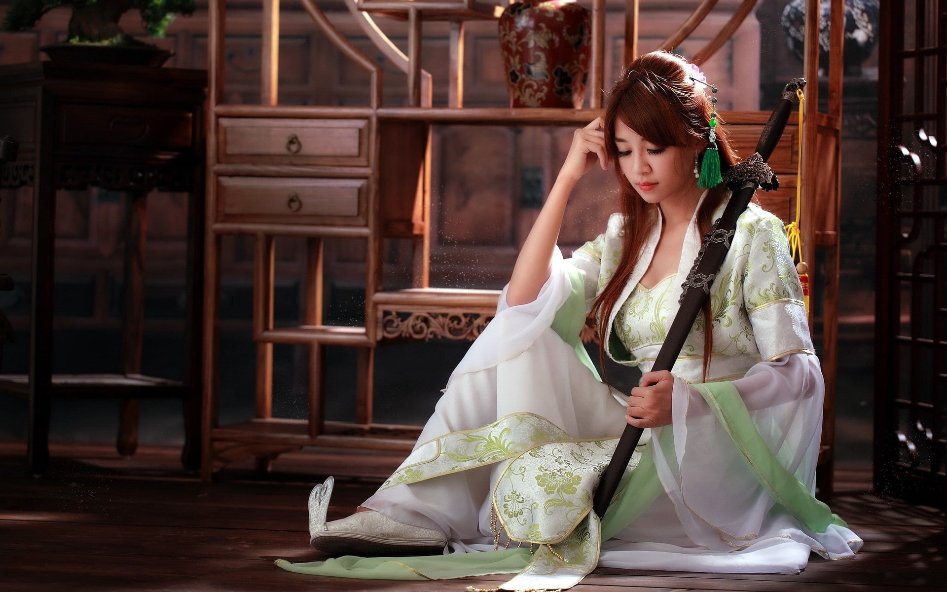 costumes, 1080P, women, brunette, sword, Asian, HD Wallpaper