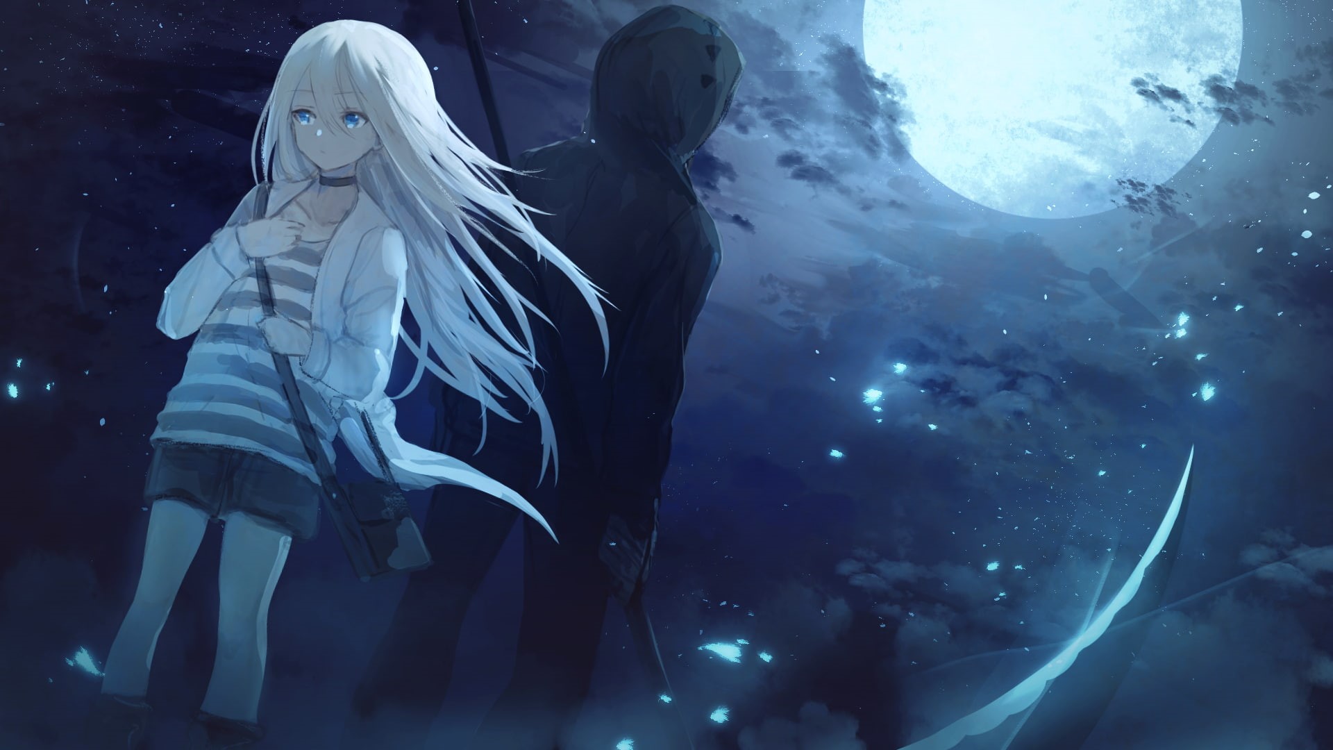 night, people, anime, representation, nature, human representation, Satsuriku no Tenshi, winter, side view, cold temperature, clothing, three quarter length, HD Wallpaper