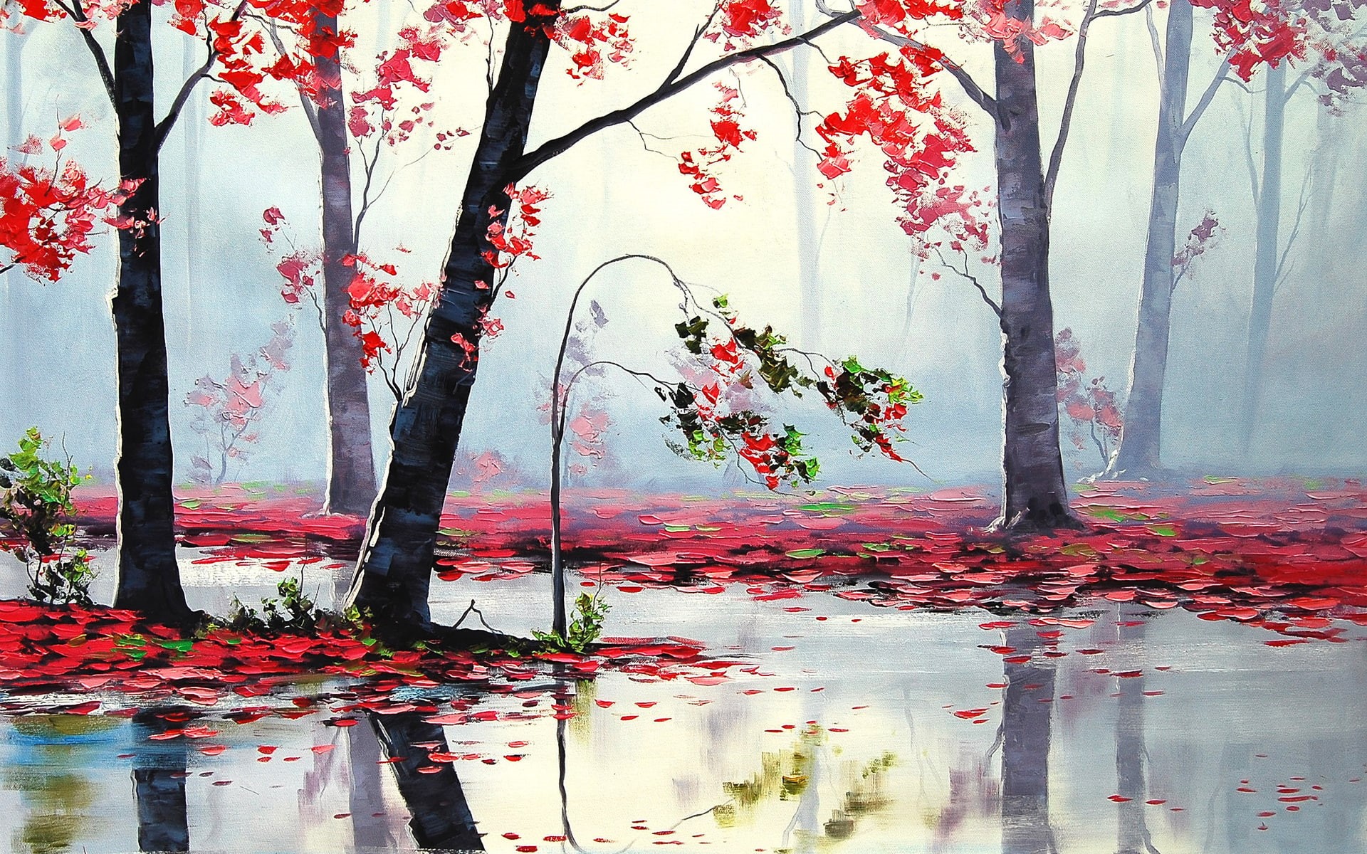 REFLECTION, Landscapes, artistic, 1920x1200 px, seasons, x, hd, leaves, nature, rain, wet, forest, 1080P, autumn, paintings, px, Trees, baseball, art, HD Wallpaper