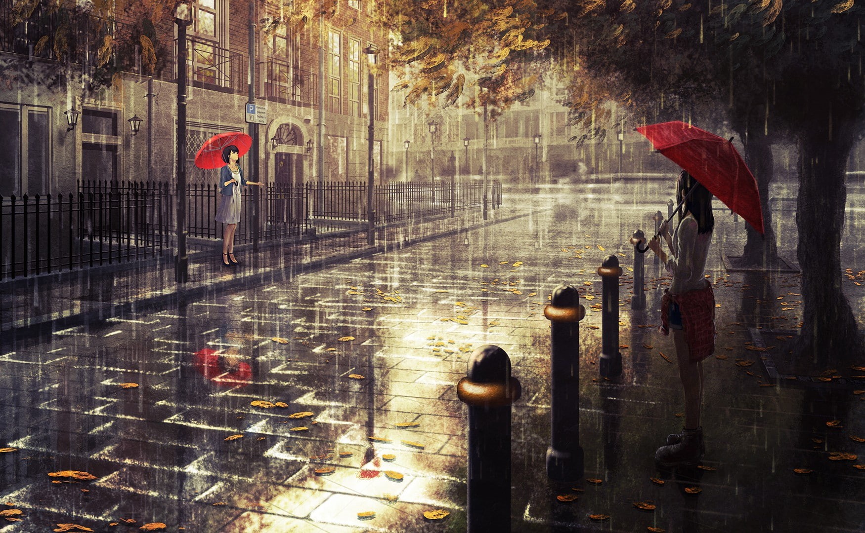 original characters, artwork, 720P, London, rain, umbrella, fall, HD Wallpaper
