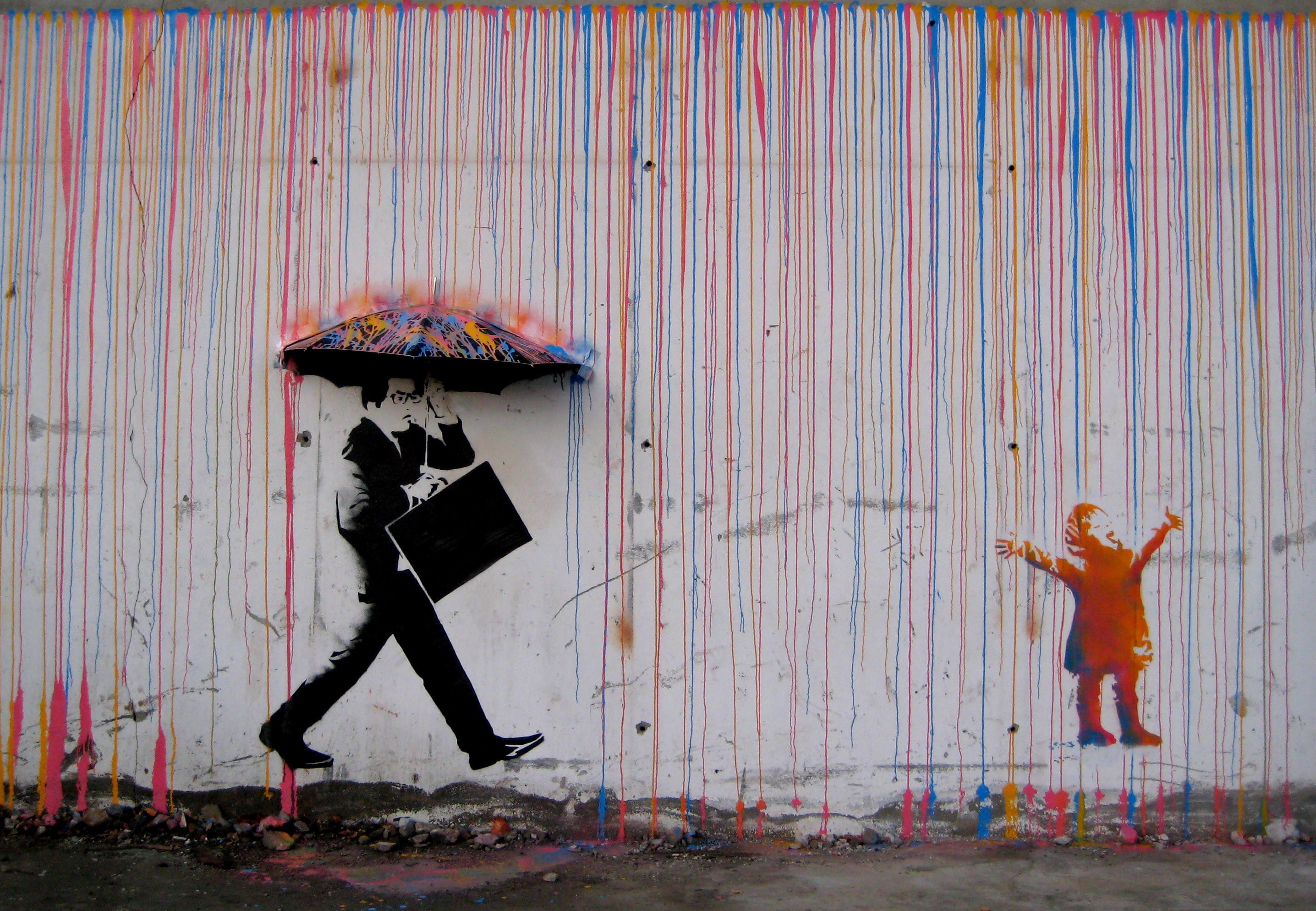 mural, Skurtur Design, 2K, Norway, paint, Raining Paint In Norway, raining, umbrella, rain, graffiti, Trondheim, Svartlamoen, CMYK, HD Wallpaper