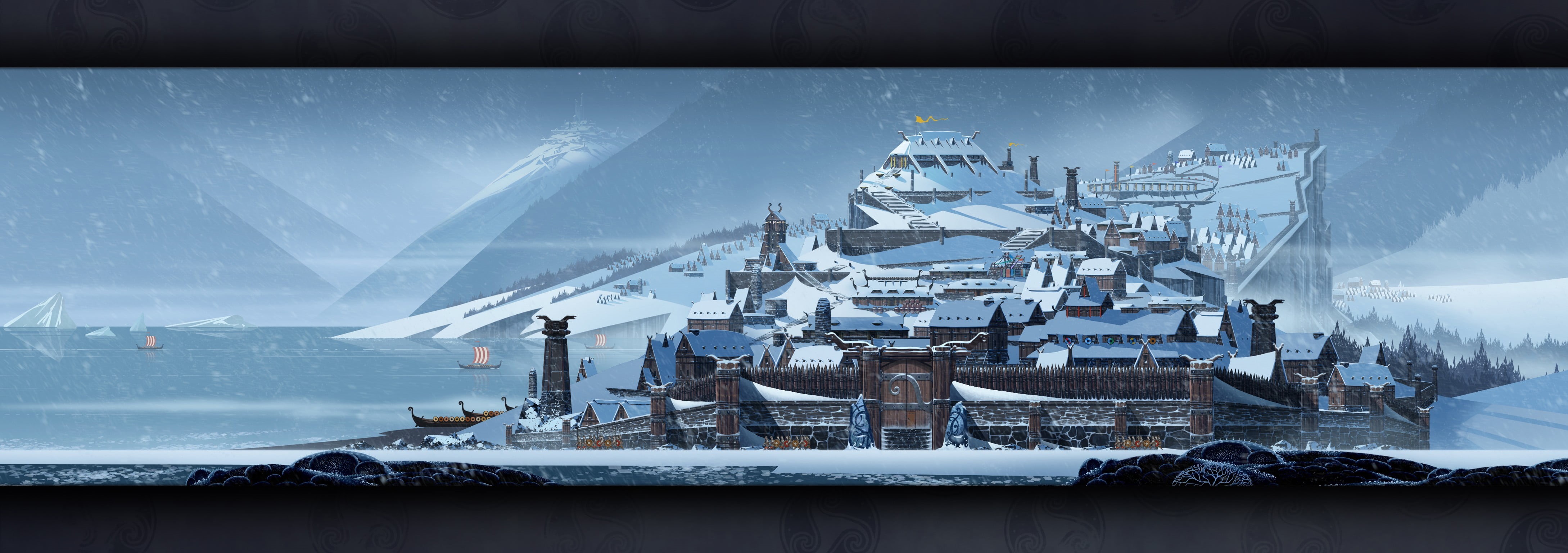 winter, ice, artwork, snow, no people, blue, environment, 4K, The Banner Saga, white, night, sky, mountain, painting, beauty in nature, concept art, landscape, HD Wallpaper