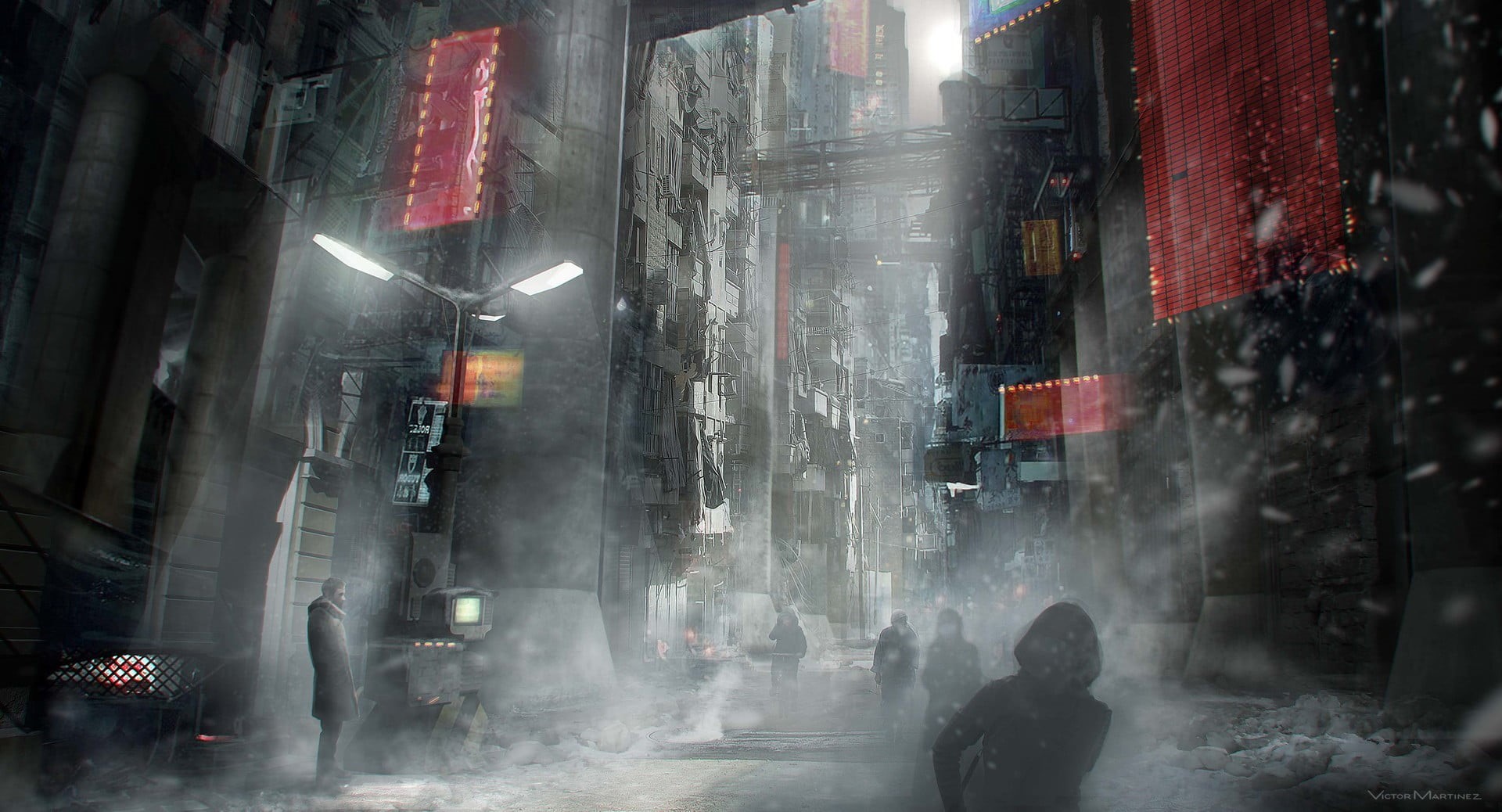outdoors, fantasy art, men, red, walking, crowd, digital art, 1080P, futuristic city, architecture, city life, city, people, group of people, women, smoke - physical structure, HD Wallpaper