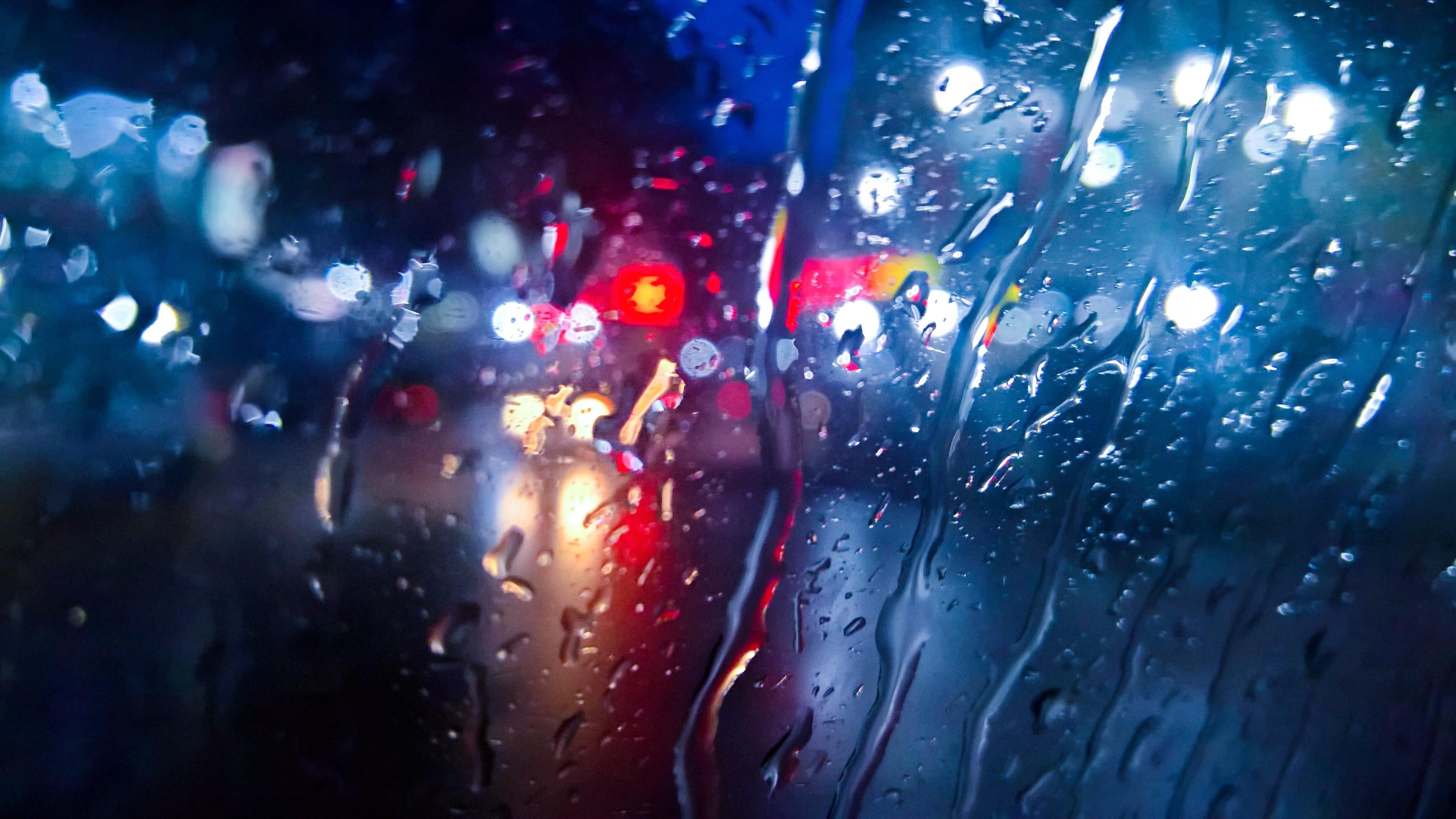 road, night, rainy, glass, 4K, drops, traffics, lights, HD Wallpaper