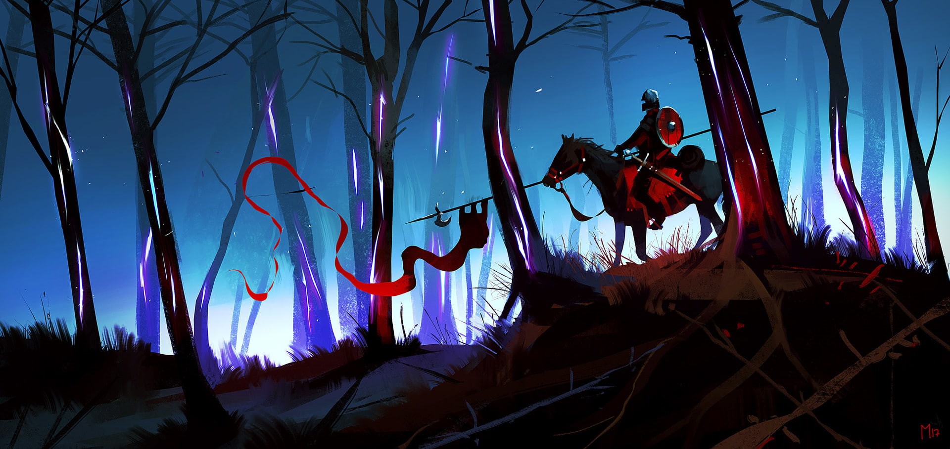 artwork, forest, illuminated, Dominik Mayer, no people, sky, knight, tree, lighting equipment, horse, motion, silhouette, dusk, plant, night, low angle view, HD Wallpaper