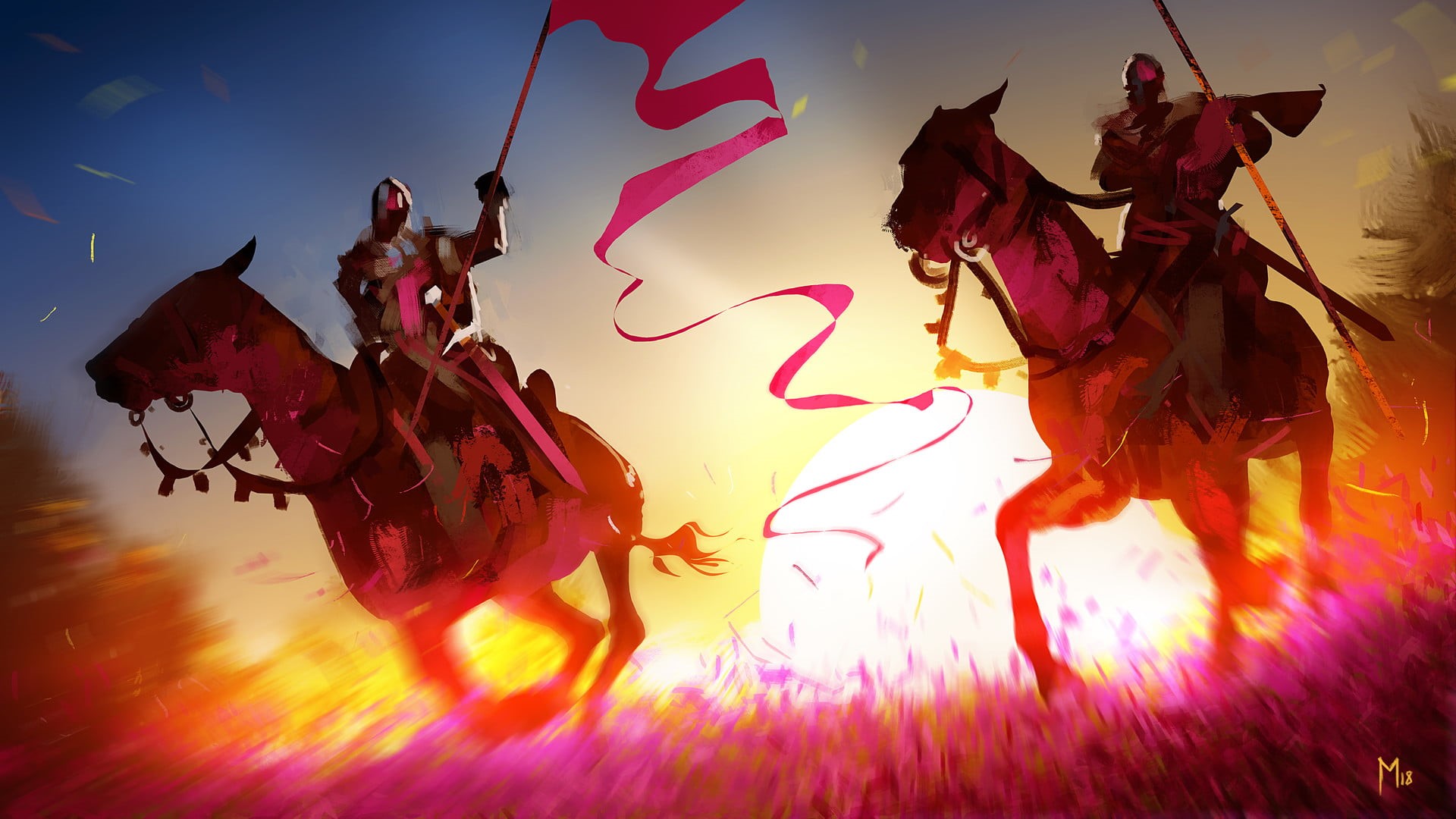 banner, Dominik Mayer, animal wildlife, multi colored, knight, 1080P, vulnerability, flowering plant, horse, horse riding, sunlight, sky, artwork, purple, HD Wallpaper