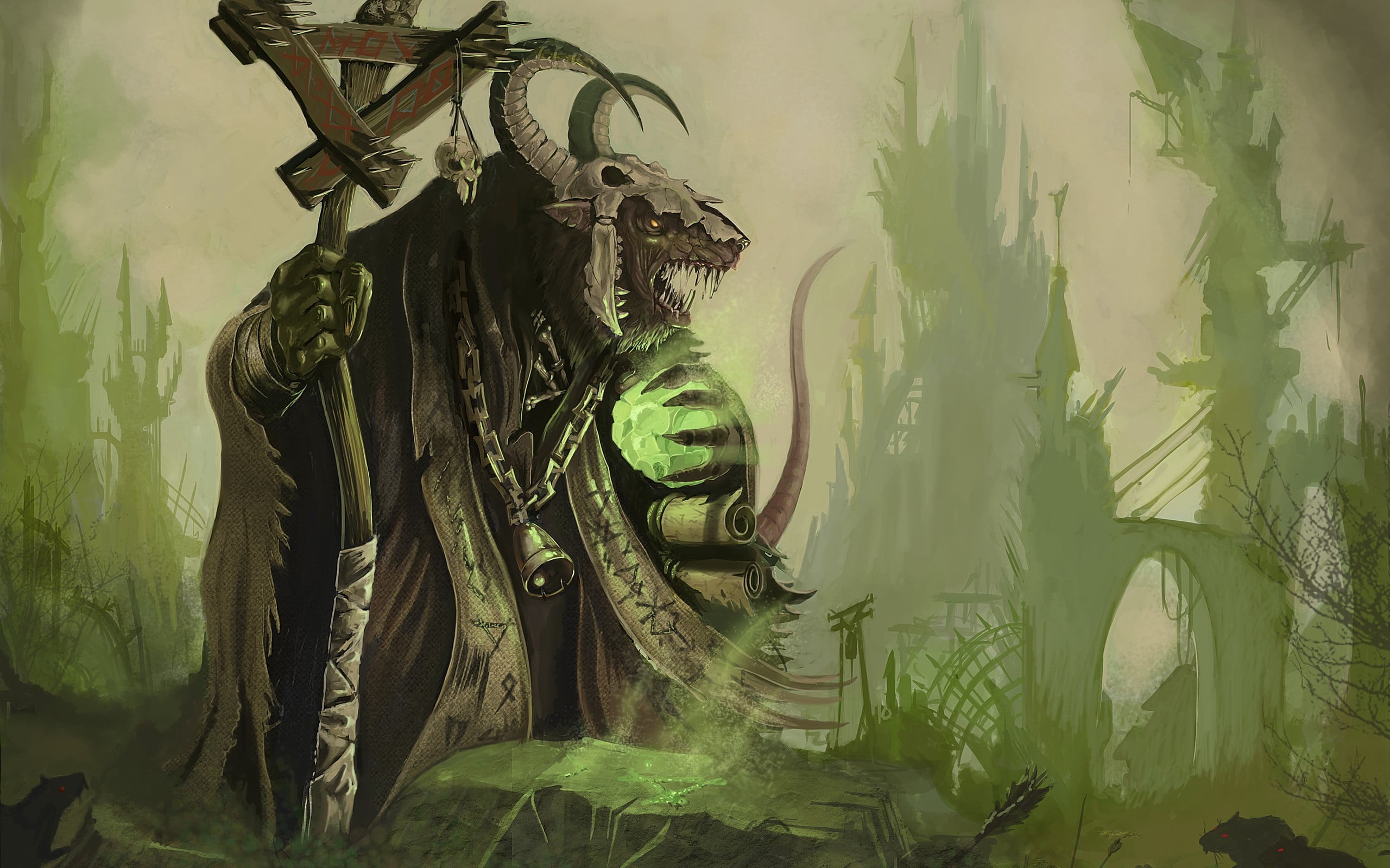 built structure, day, sculpture, human representation, no people, green color, staff, tree, art, land, close-up, plant, art and craft, warhammer, skulls, HD Wallpaper
