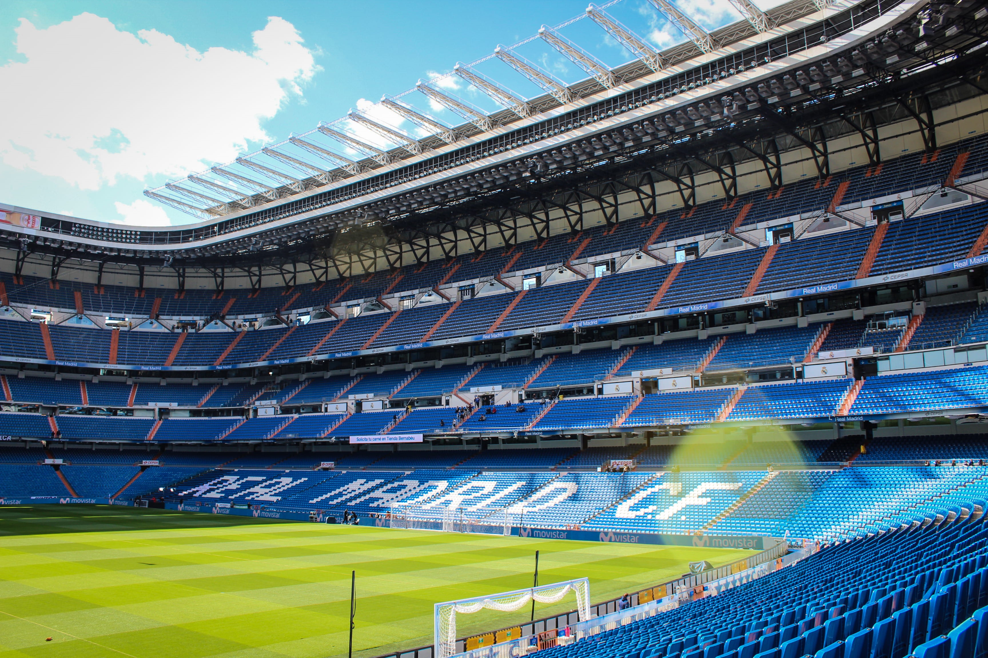 sport, soccer, day, seats, sky, cloud - sky, architecture, grass, roof, travel destinations, españa, blue, spain, building exterior, built structure, estadio de fútbol, HD Wallpaper
