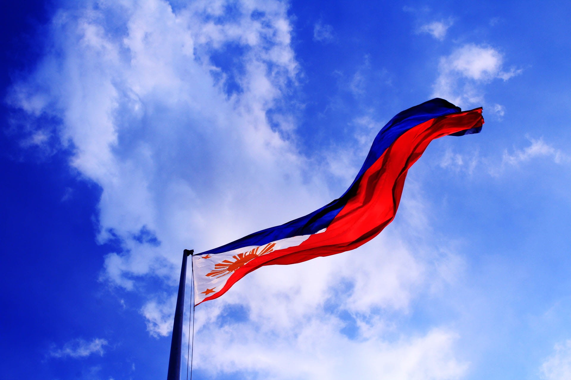 blue sky, clouds, flag, red, sky, outdoors, pride, flagpole, wind, emotion, patriotism, daylight, 1080P, blue, low angle view, cloud - sky, bright, low angle shot, HD Wallpaper