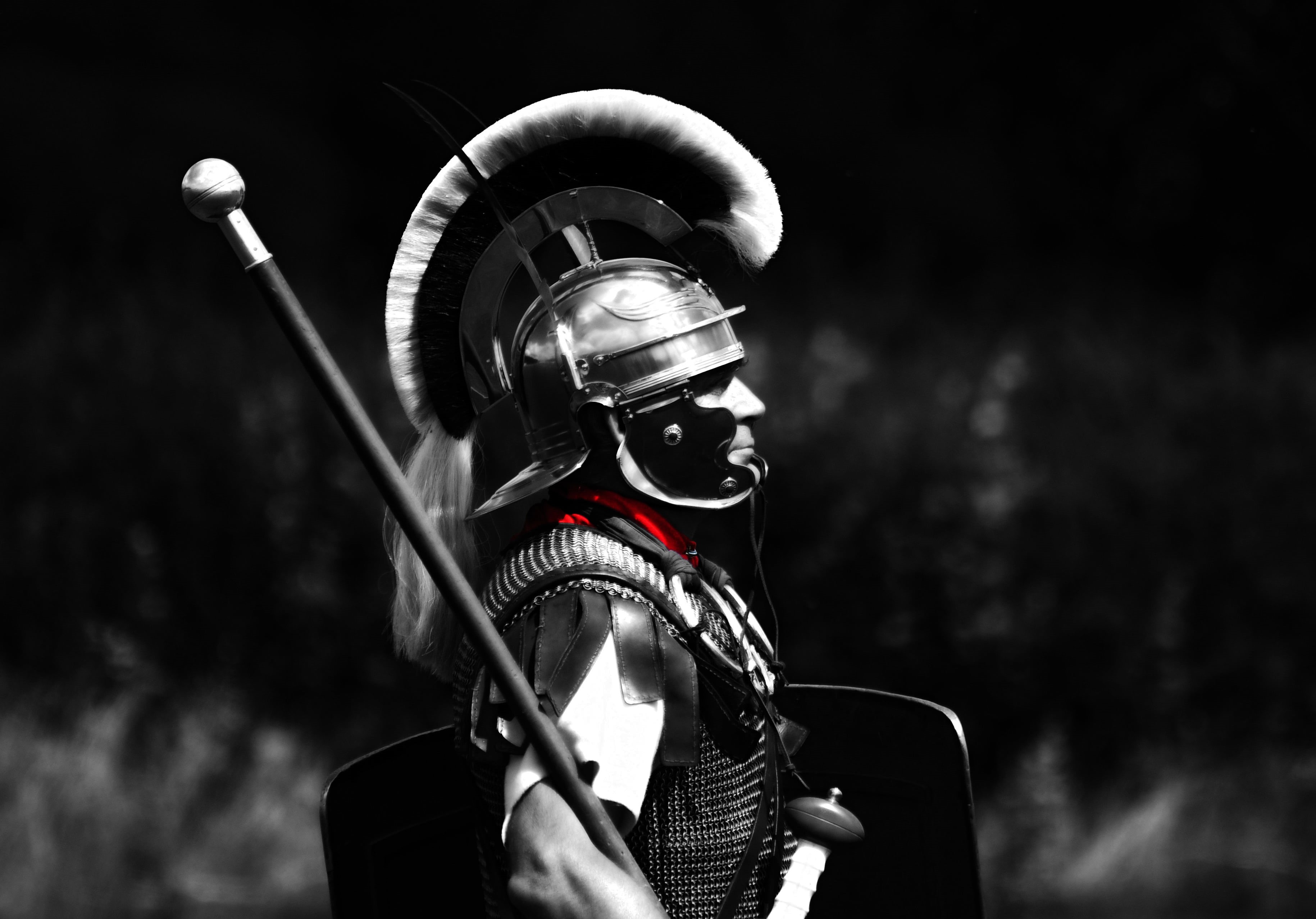 medieval, caucasian Ethnicity, sports Helmet, military, sword, Rome, Legionnaire, security, grayscale, sport, adult, equipment, one Person, metal, knight - person, HD Wallpaper