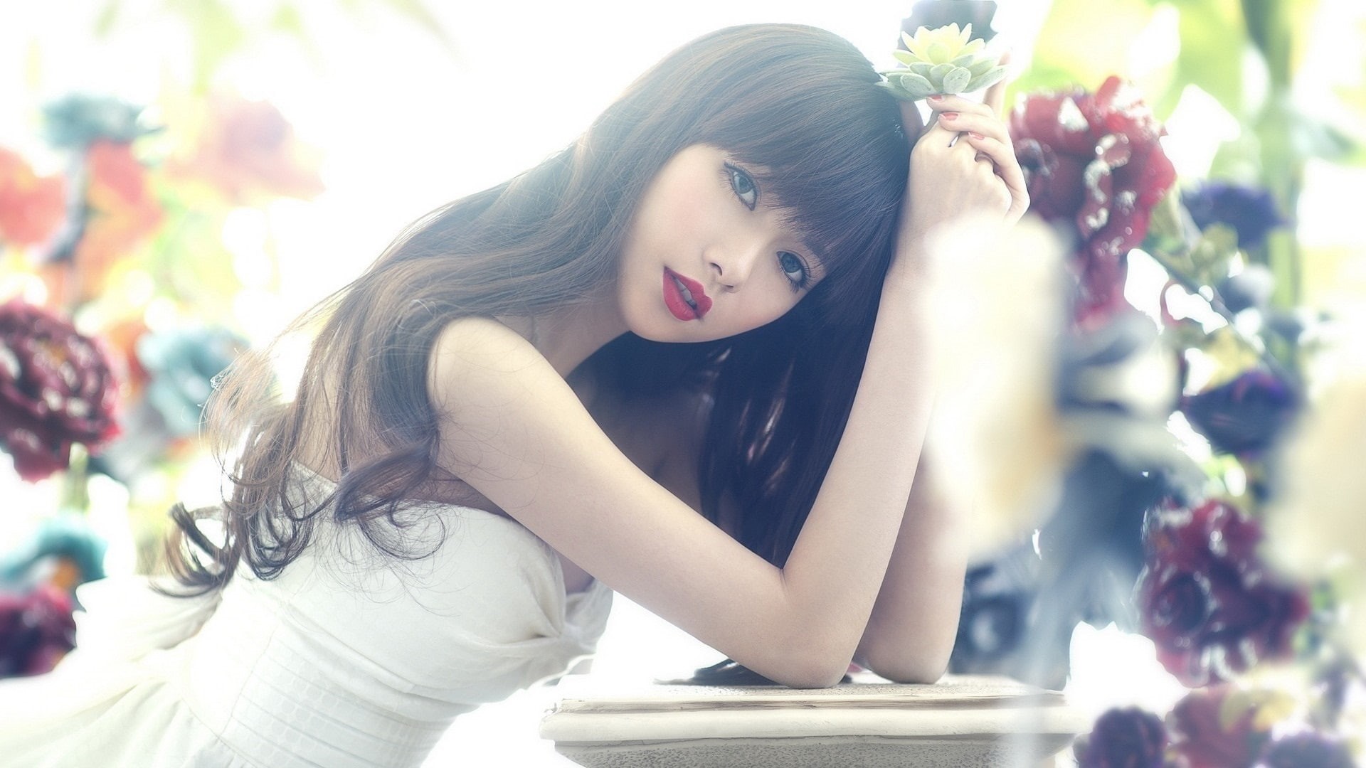 Flower, heart, women, Hair, white, Girl, dress, Eyes, sweet, s, Asian, Lips, 1080P, Red, Long, HD Wallpaper