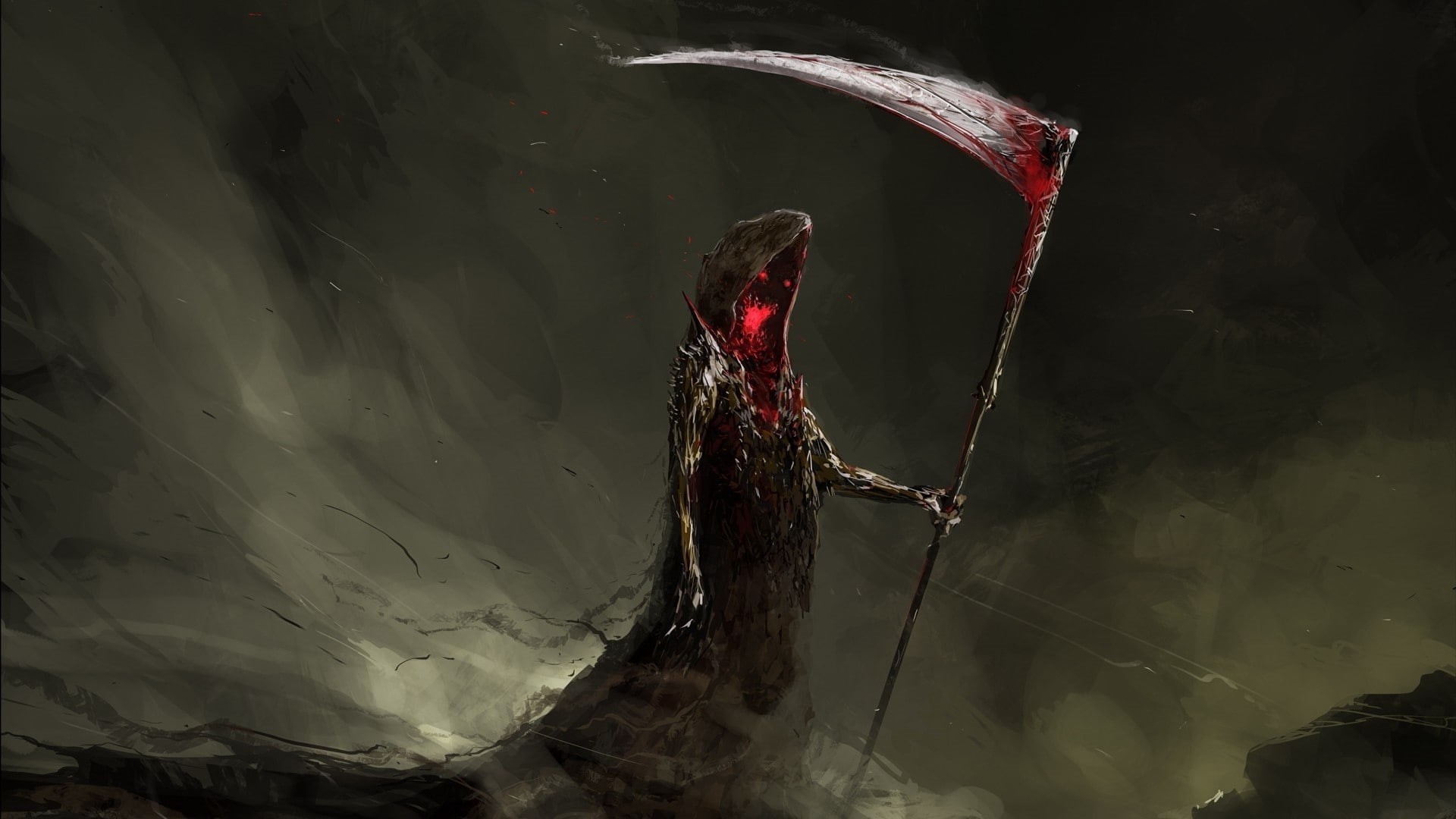 1080P, sickle digital art drawing grim reaper red eyes scythe blood dark death painting fantasy art, HD Wallpaper