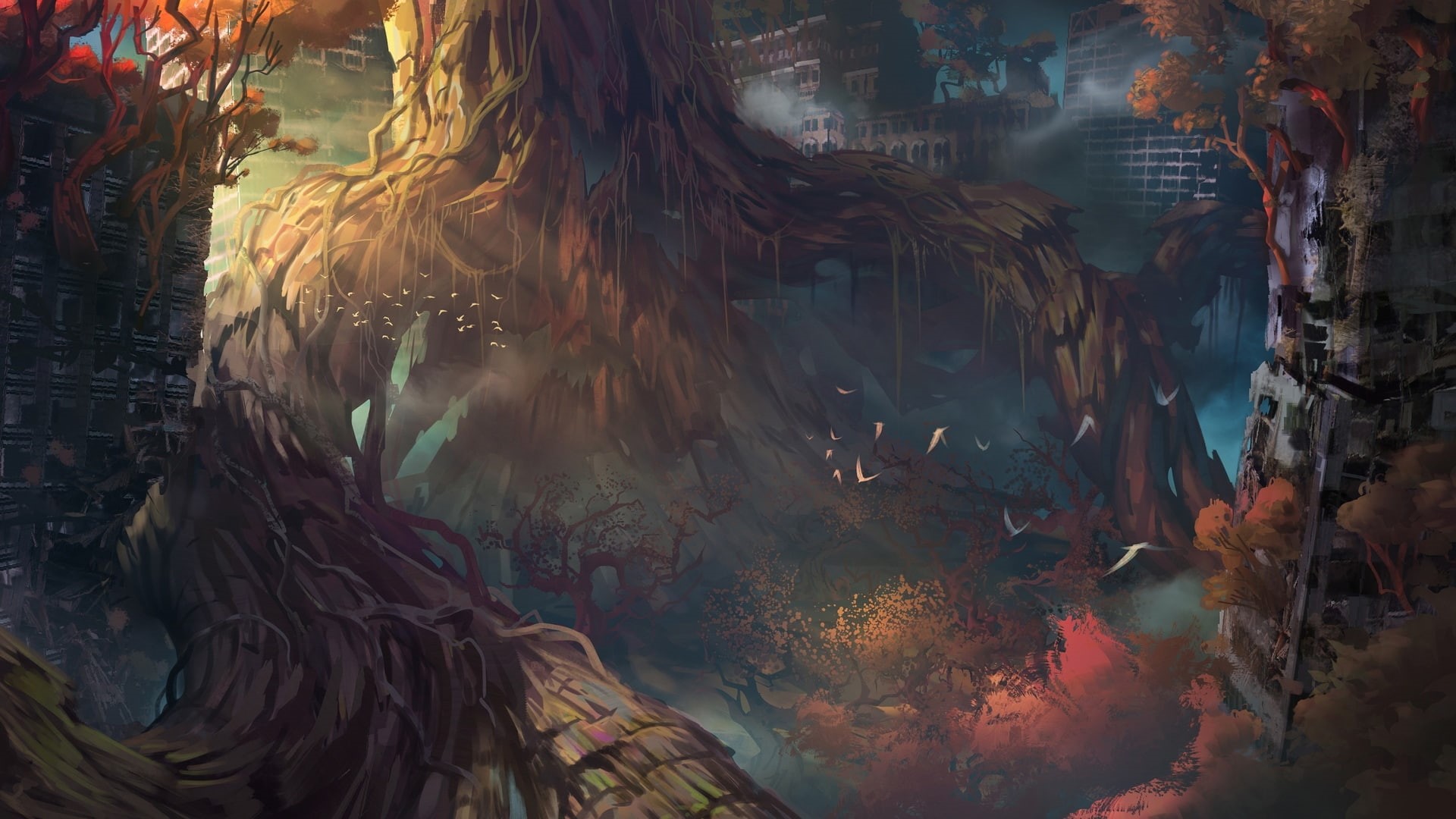 landscape, digital art, artwork, birds, video games, nature, roots, apocalyptic, Darksiders 3, 1080P, Darksiders, sun rays, trees, HD Wallpaper