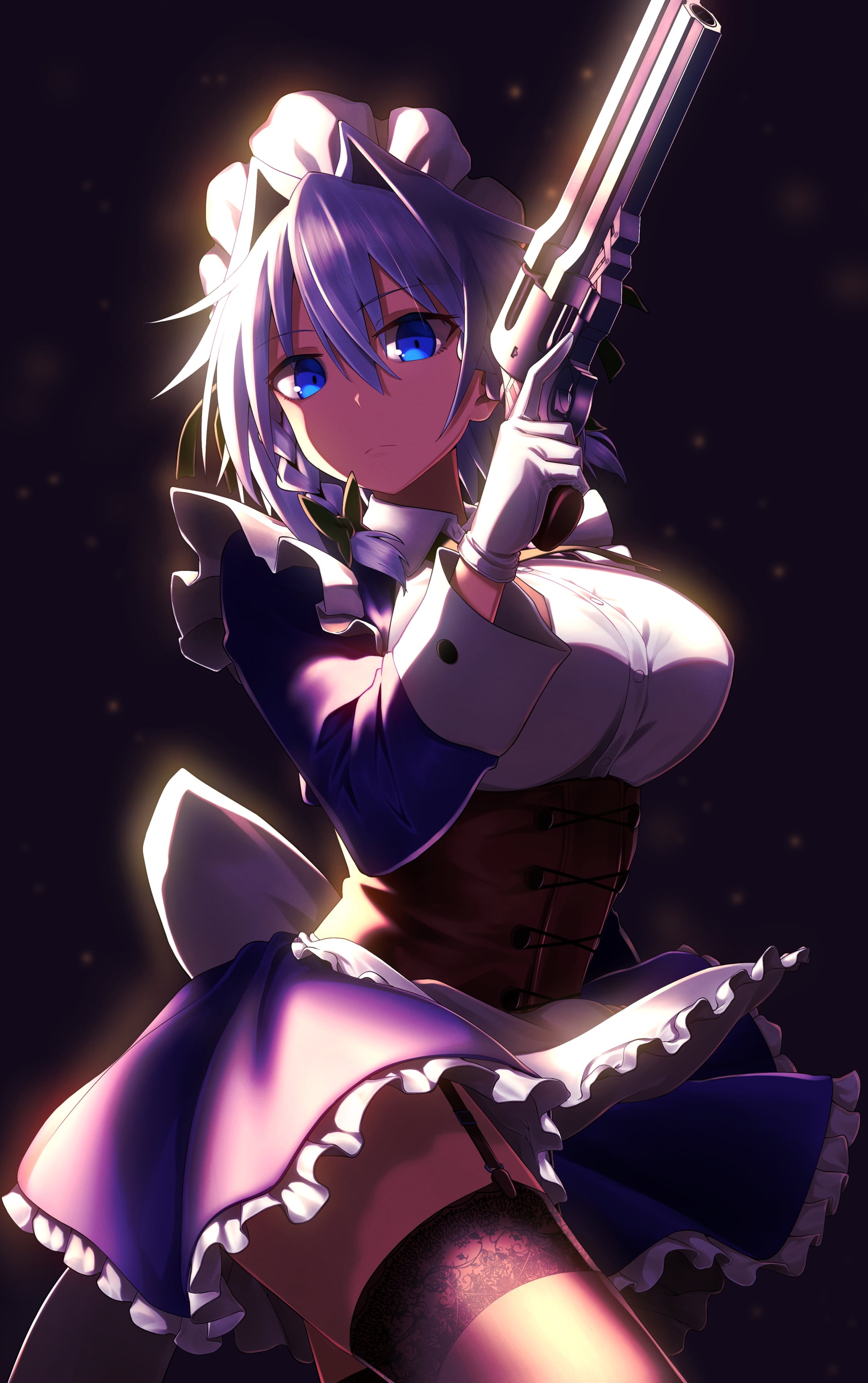 white hair, 2K, girls with guns, Izayoi Sakuya, blue eyes, maid, portrait, Touhou, maid outfit, Phone HD Wallpaper