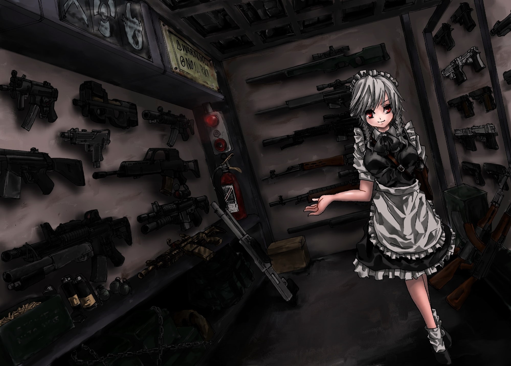 red, sakuya, maid, weapon, eyes, apron, 1080P, touhou, rook777, gun, terabyte, izayoi, hair, gray, HD Wallpaper