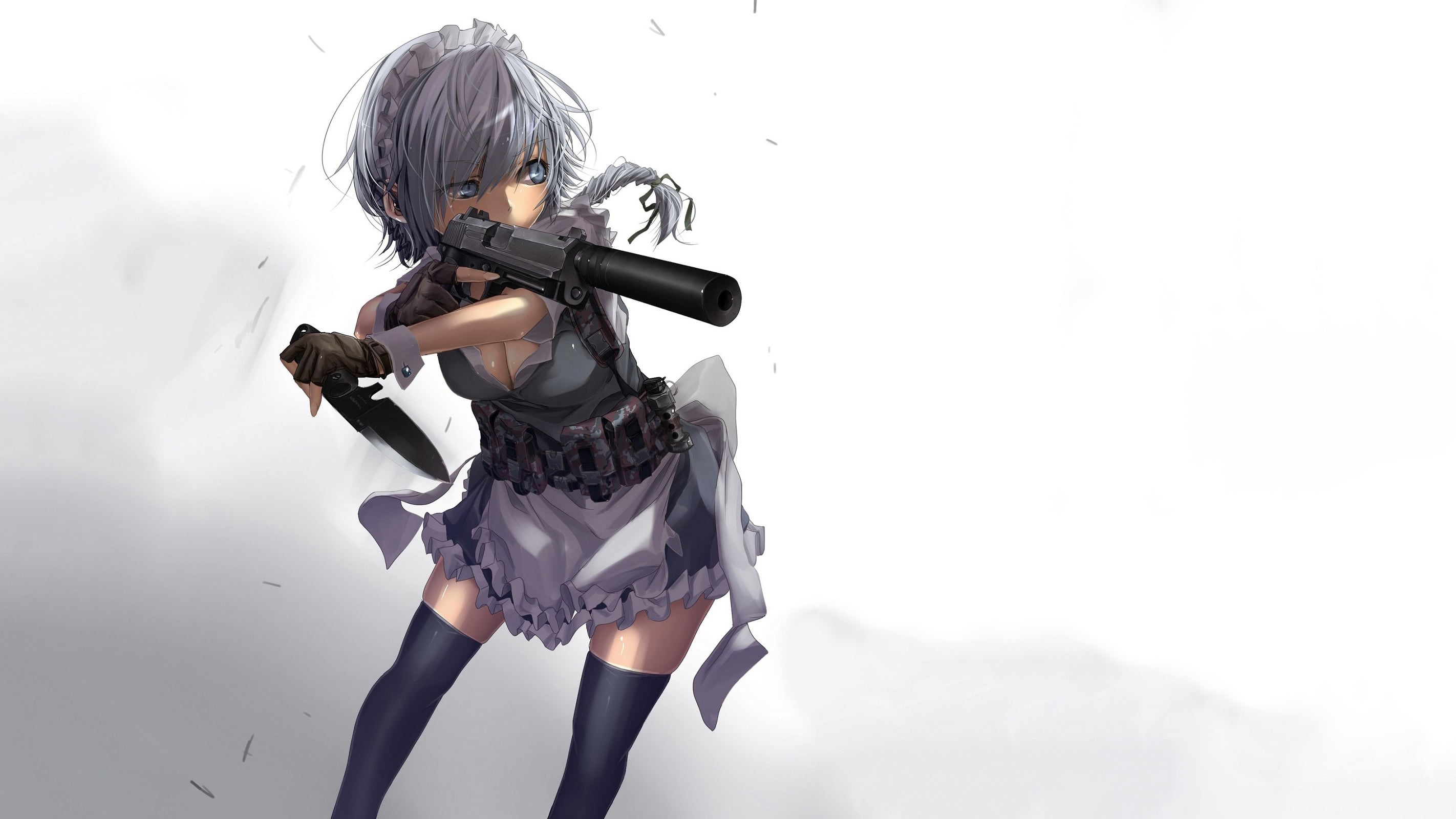 weapon, thigh-highs, maid, anime girls, blue eyes, Izayoi Sakuya, Touhou, braids, simple background, 2K, maiden, girls with guns, gun, gray hair, short hair, HD Wallpaper