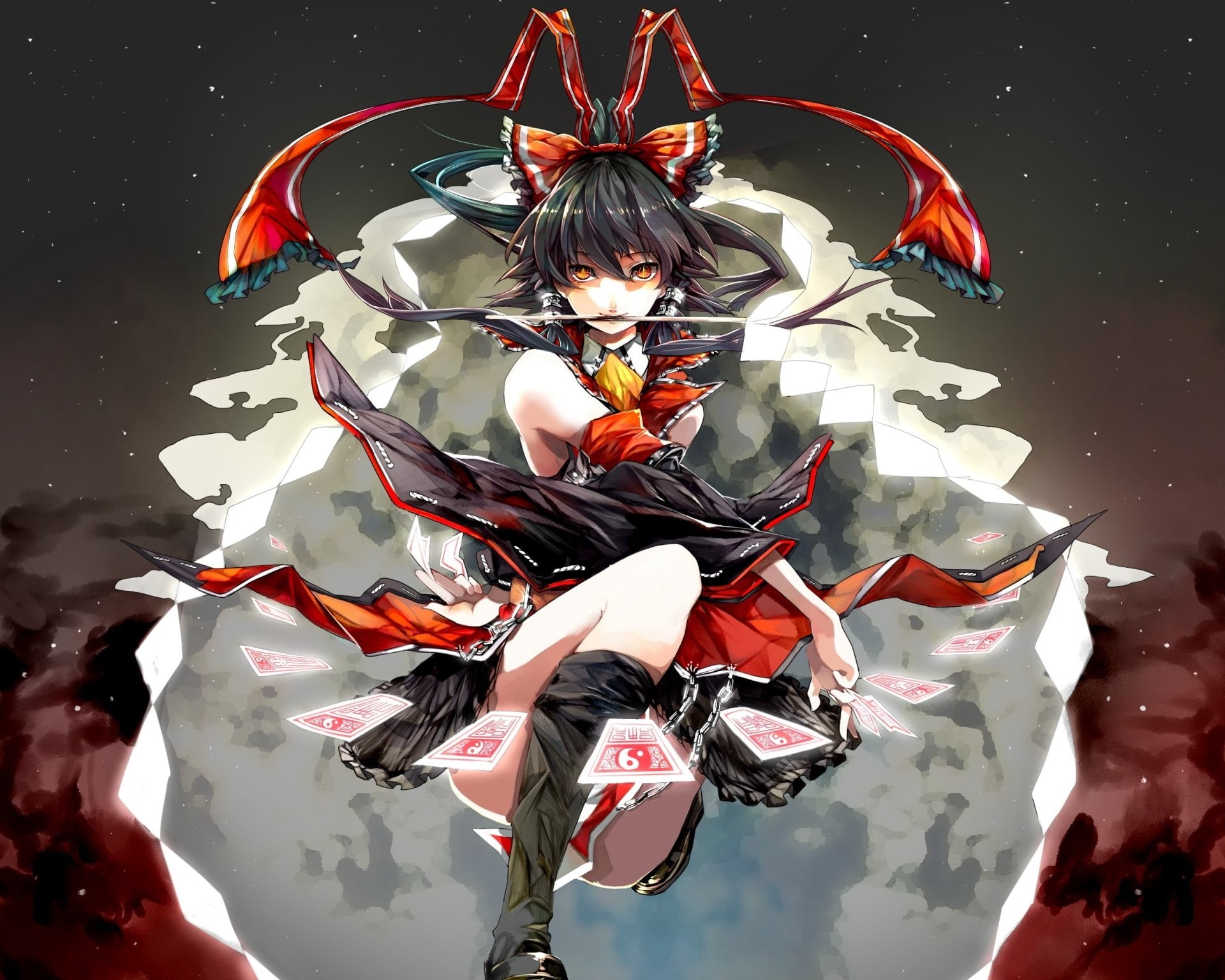front view, looking at camera, bow (Clothing), Reimu Hakurei, reflection, real people, leisure activity, indoors, water, one person, Black Hair, high angle view, HD Wallpaper