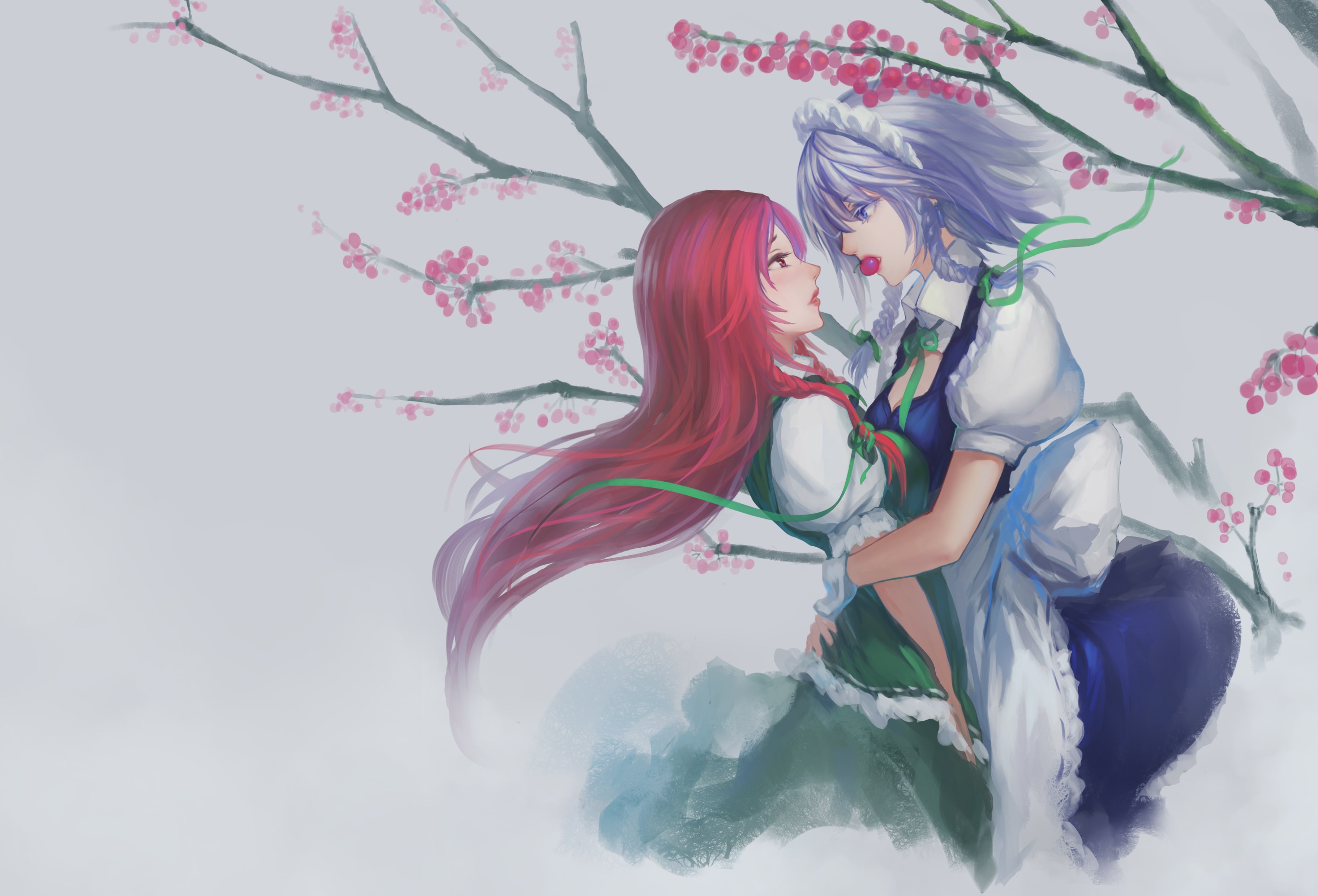meiling, braids, blue, eyes, yuri, 2K, red, cherry, touhou, girls, sakuya, hug, long, gray, cleavage, hair, izayoi, maid, food, hong, HD Wallpaper
