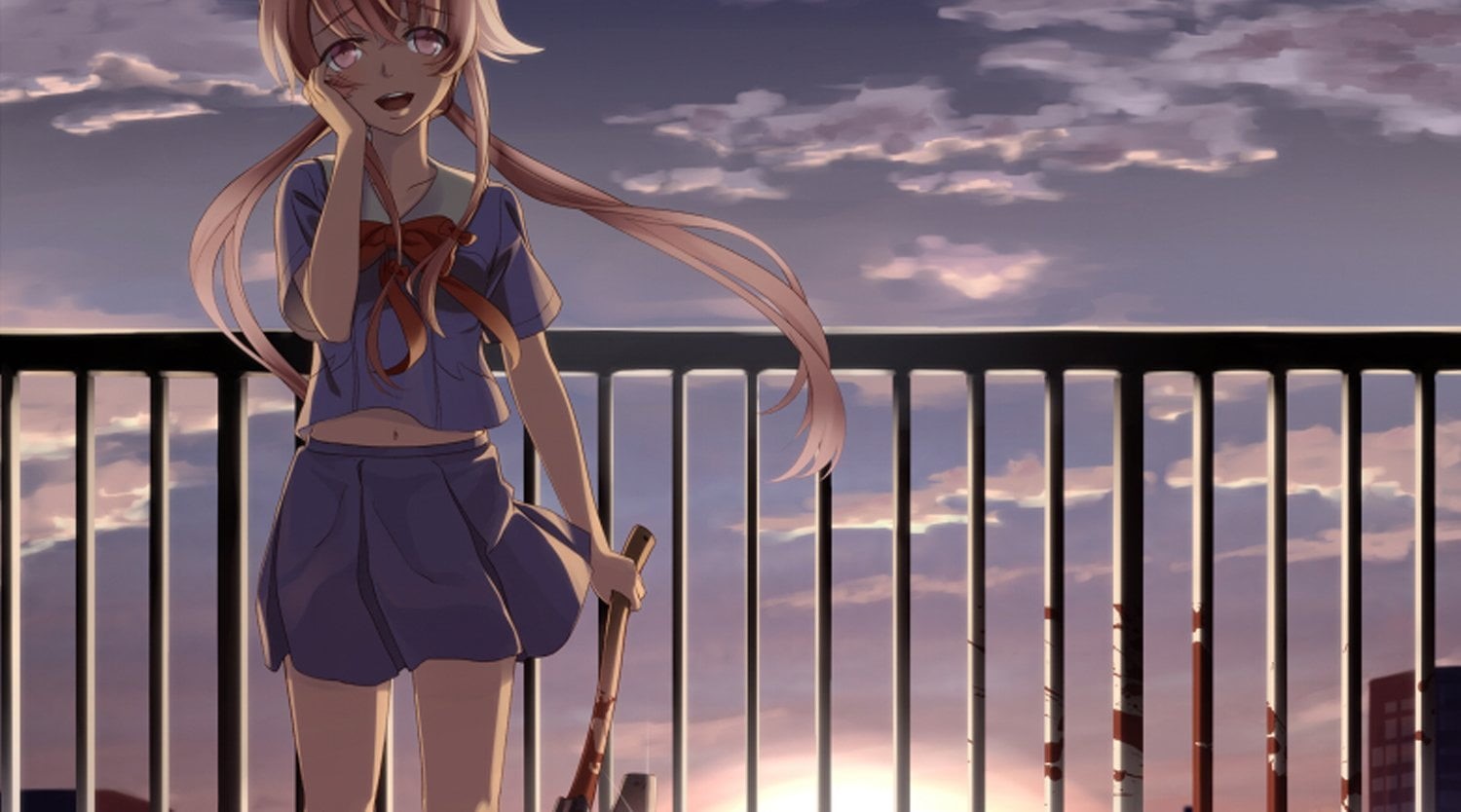 railing, one person, haired, Blood, illustration, building exterior, sky, female, architecture, Future Diary, Anime, pink, 720P, sunset, real people, outdoors, HD Wallpaper