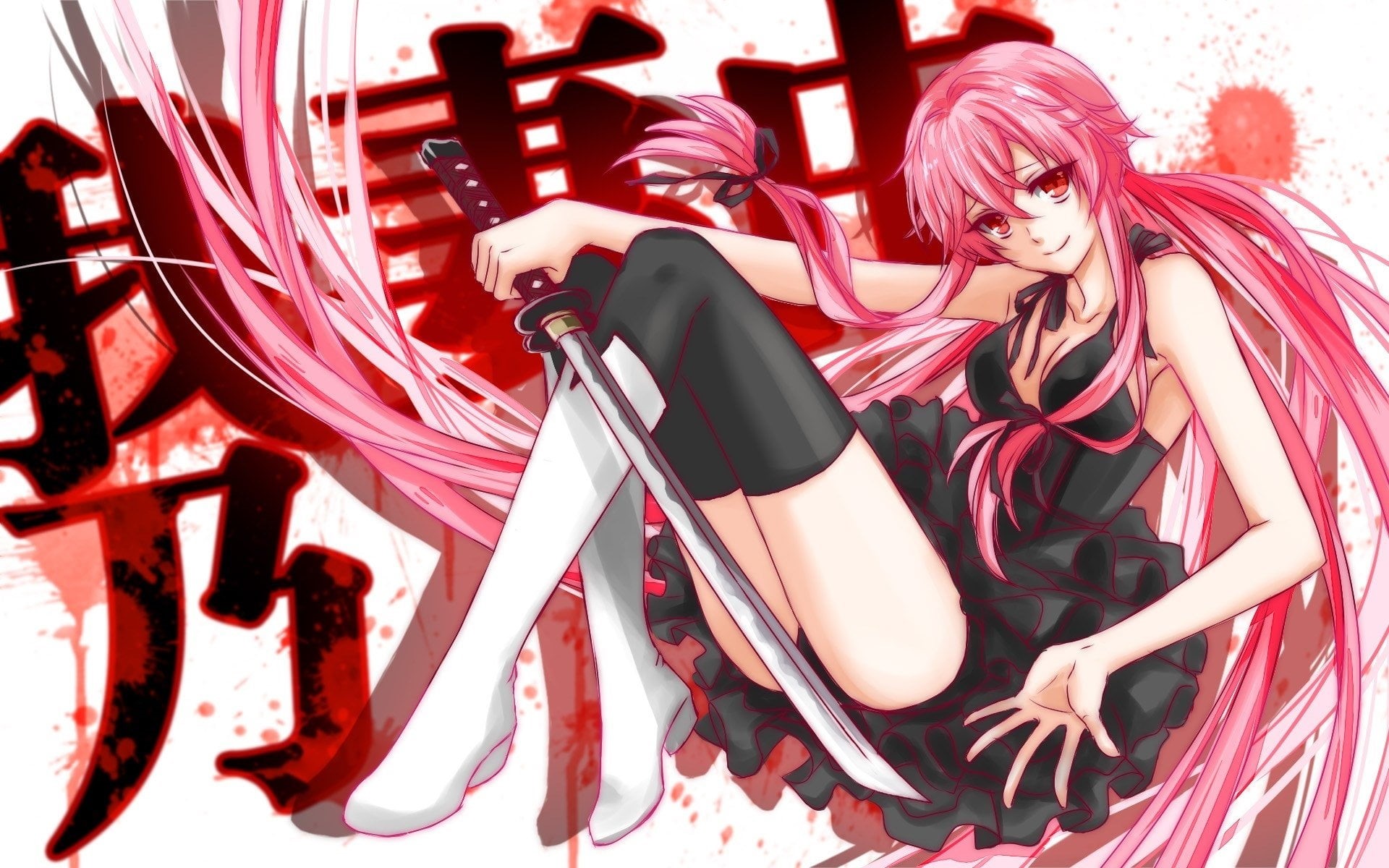 black, Sitting, Red Eyes, Pink Hair, Katana, Thigh Highs, occupation, Anime, relaxation, Mirai Nikki, women, Dress, leisure activity, real people, young adult, HD Wallpaper