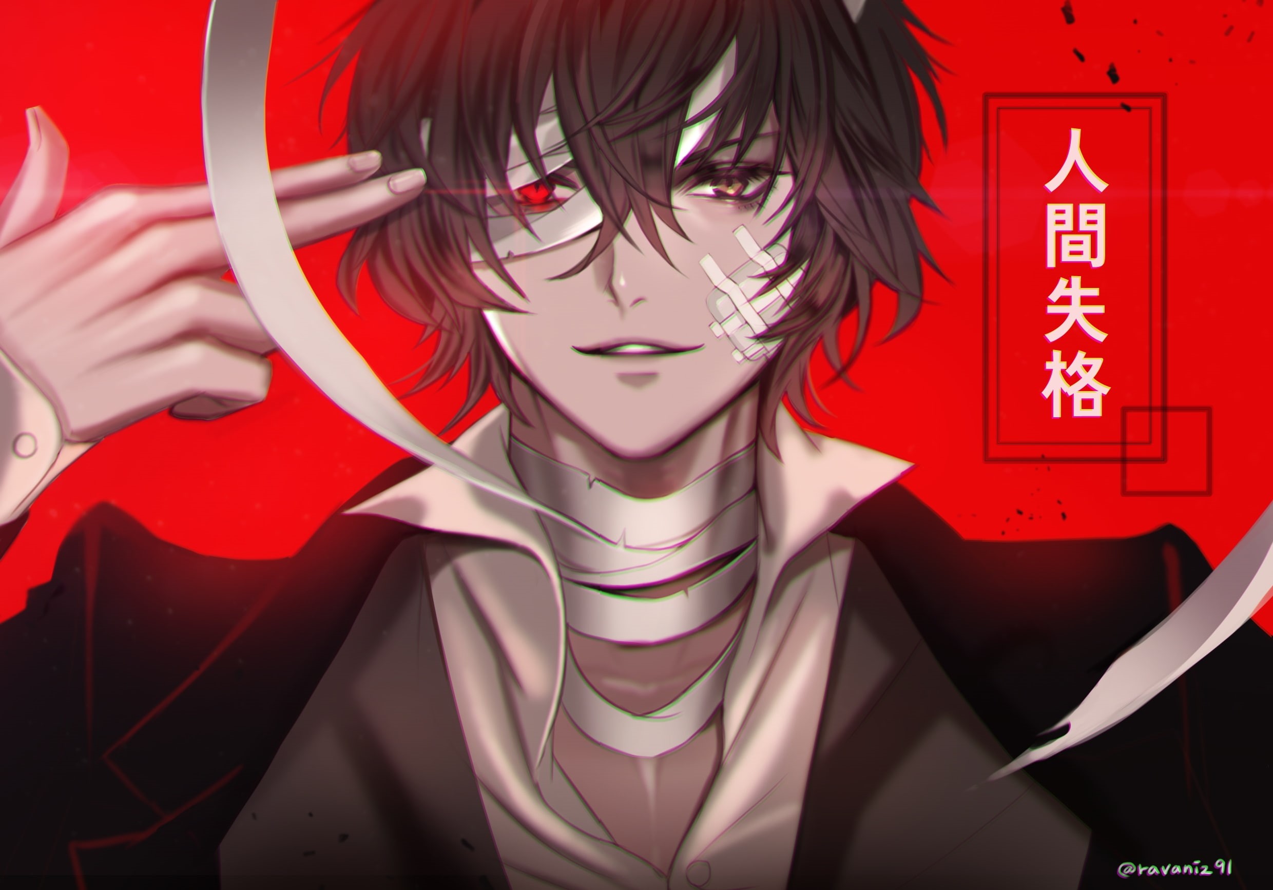 art and craft, text, lifestyles, representation, one person, close-up, bandages, red, 1080P, real people, human representation, bungou stray dogs, dazai osamu, HD Wallpaper