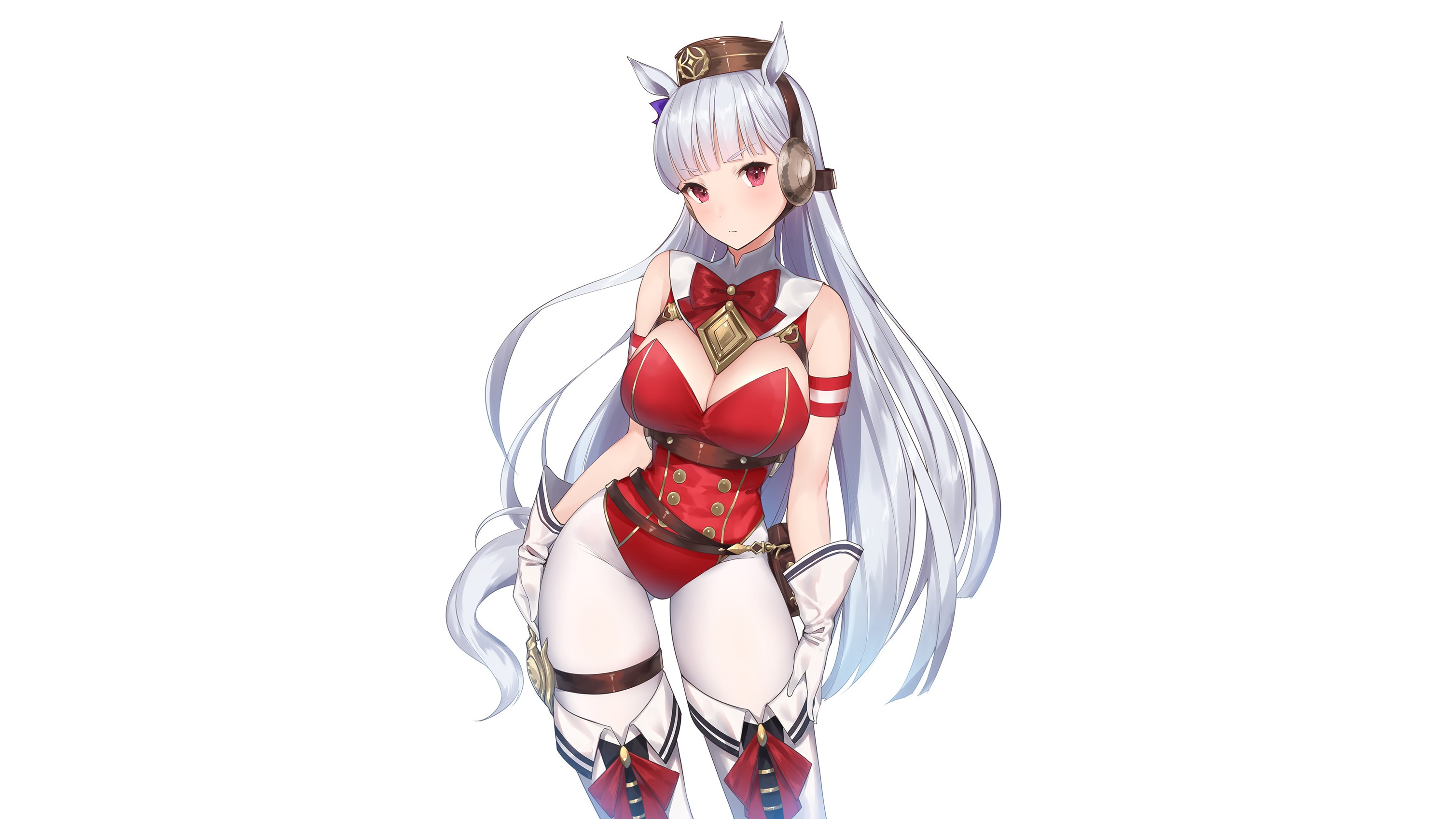 Gold Ship (Uma Musume), long hair, 2K, bow, white, red eyes, hat, Uma Musume Pretty Derby, animal ears, cleavage, gloves, white hair, HD Wallpaper