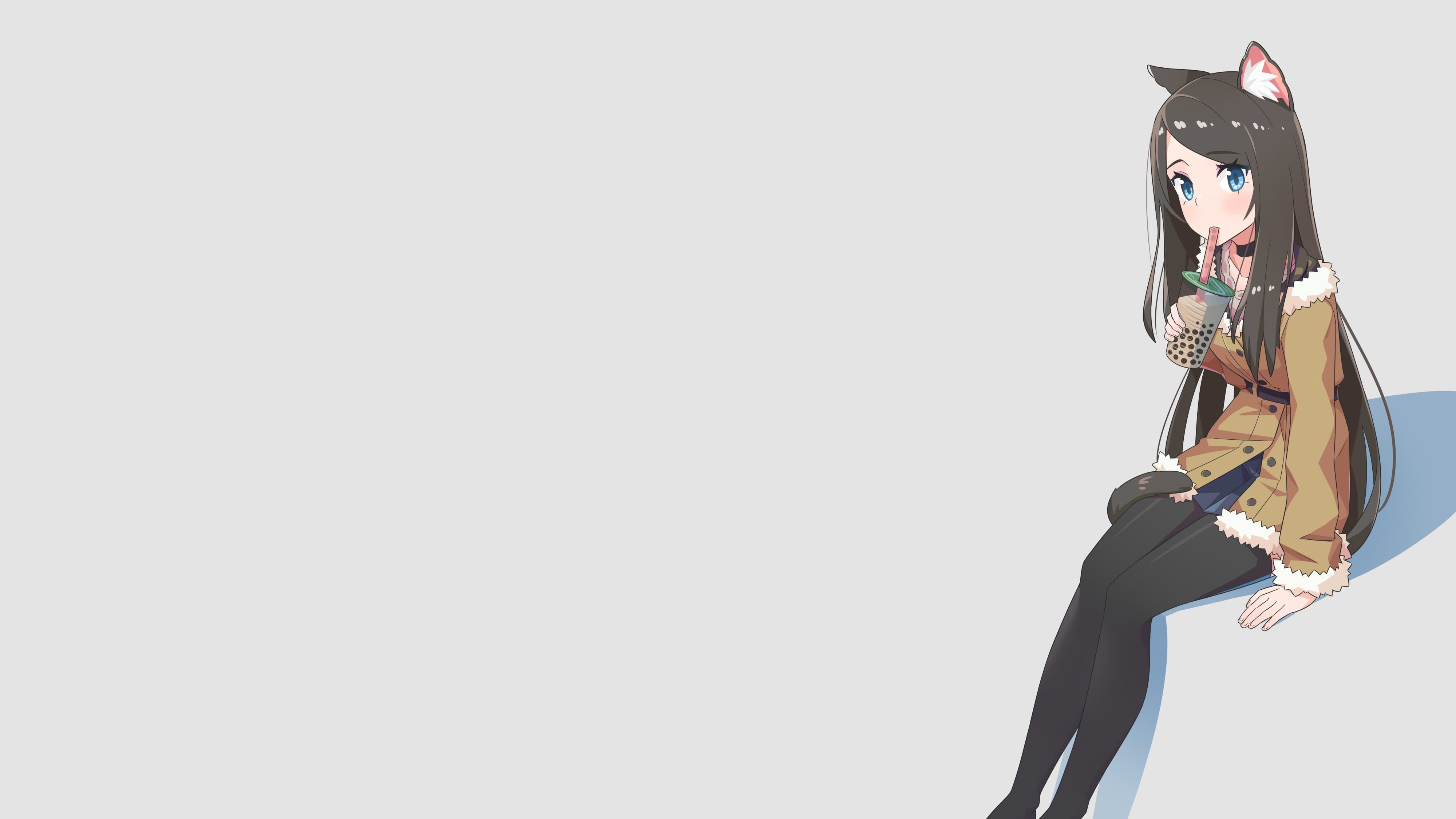 women, coats, drawing, looking at viewer, drink, black hair, minimalism, cat ears, anime girls, long hair, cat girl, original characters, 2D, skirt, nekomimi, HD Wallpaper