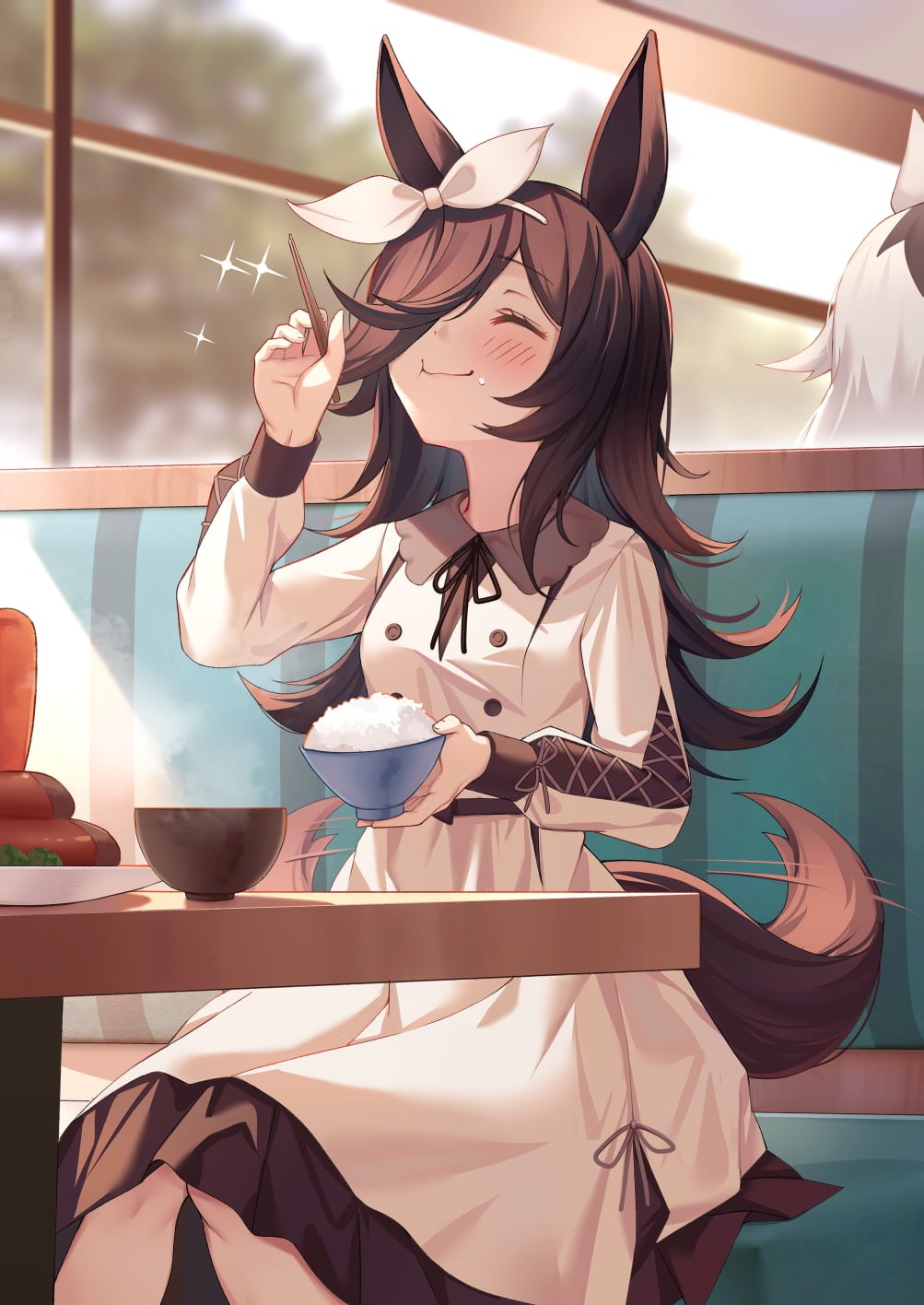 sitting, hair ribbon, long hair, food on face, long sleeves, closed eyes, brunette, fan art, 2D, anime, Oguri Cap (Uma Musume), bicolored hair, silver hair, Phone HD Wallpaper