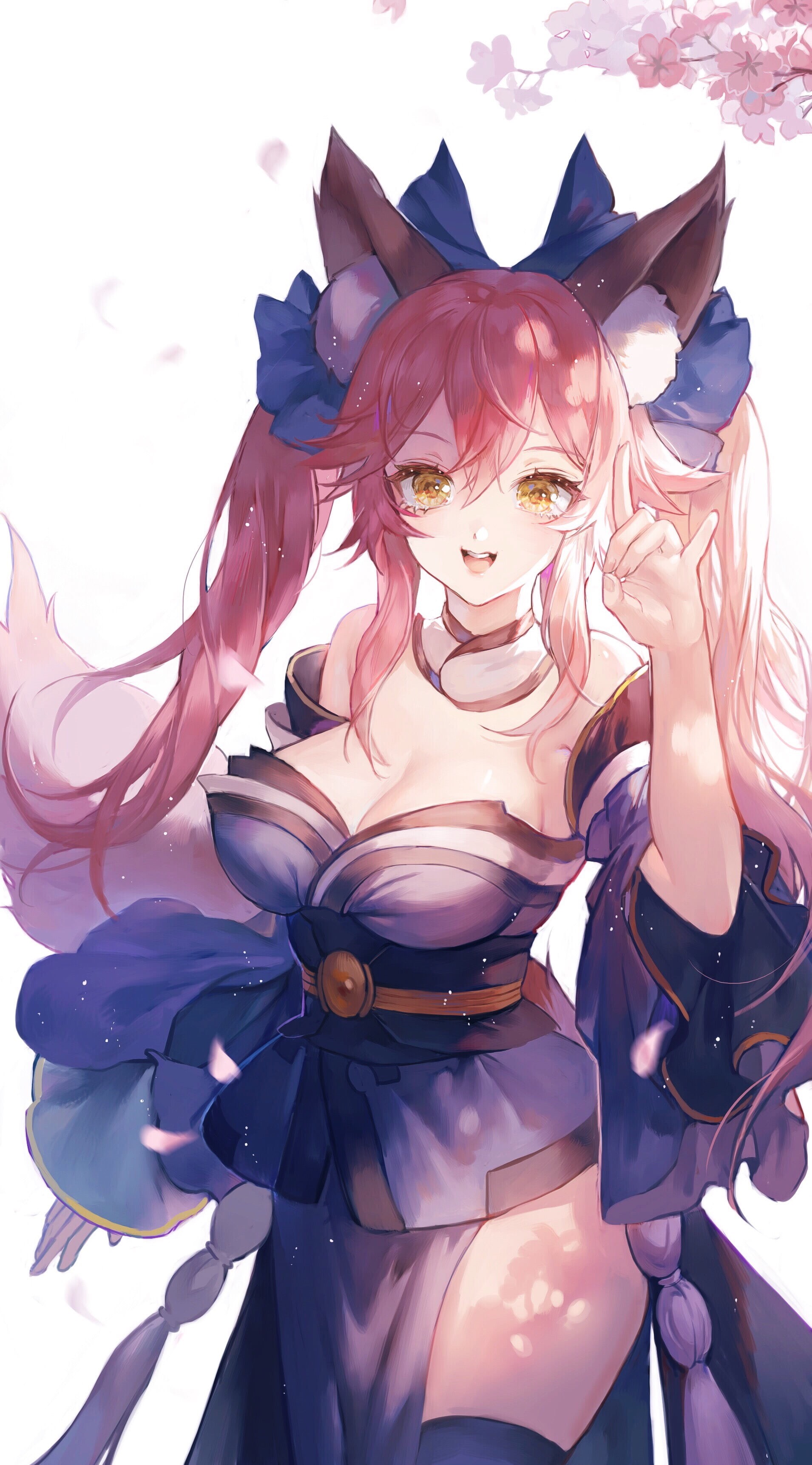 animal ears, Fate/Grand Order, Fate Series, looking at viewer, digital art, bare shoulders, women, long hair, pink hair, Tamamo no Mae (fate/grand order), Phone HD Wallpaper