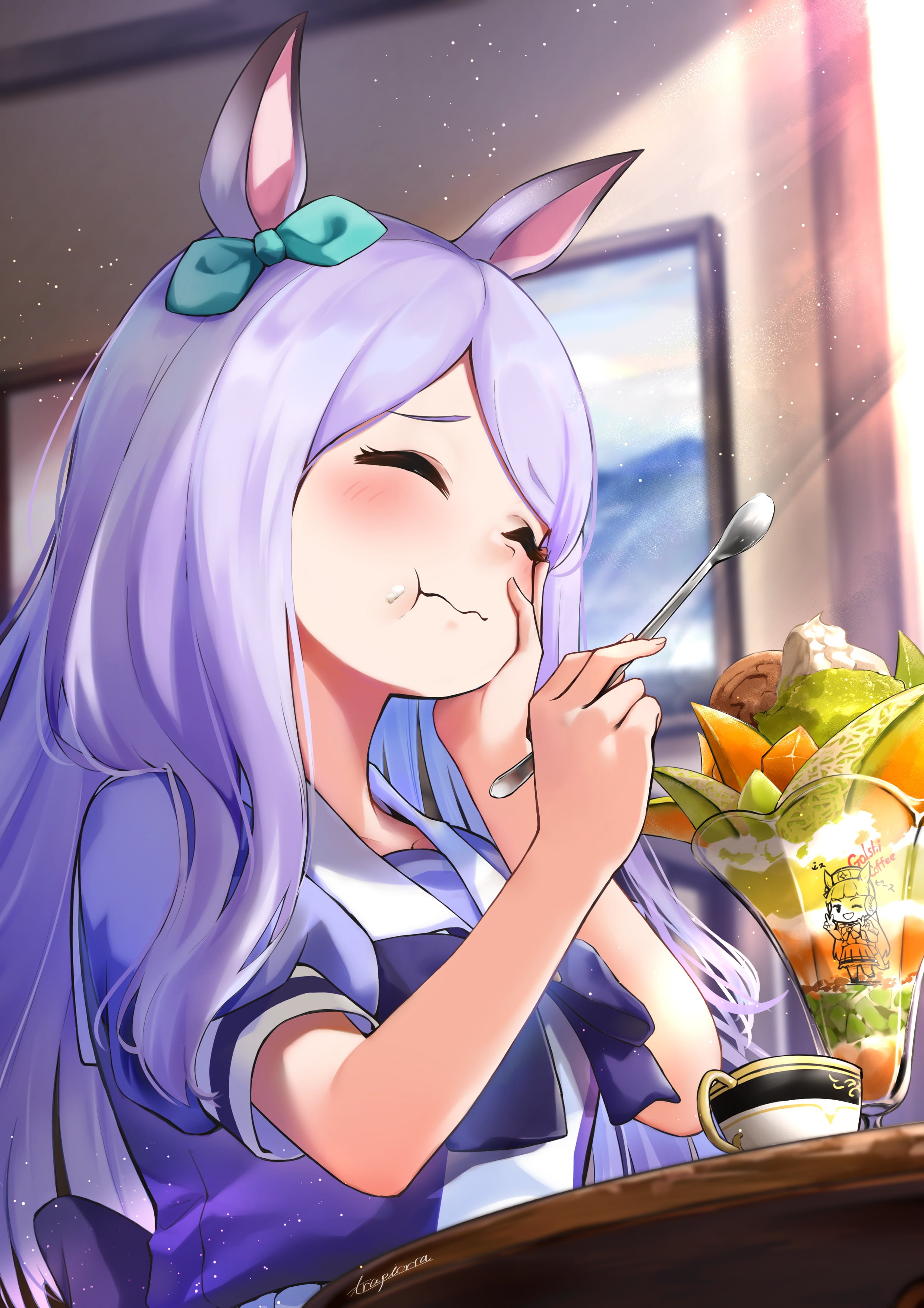 2D, closed eyes, spoon, anime girls, horse girls, school uniform, hair ribbon, loli, Mejiro McQueen (Uma Musume), artwork, animal ears, food on face, Gold Ship (Uma Musume), Phone HD Wallpaper