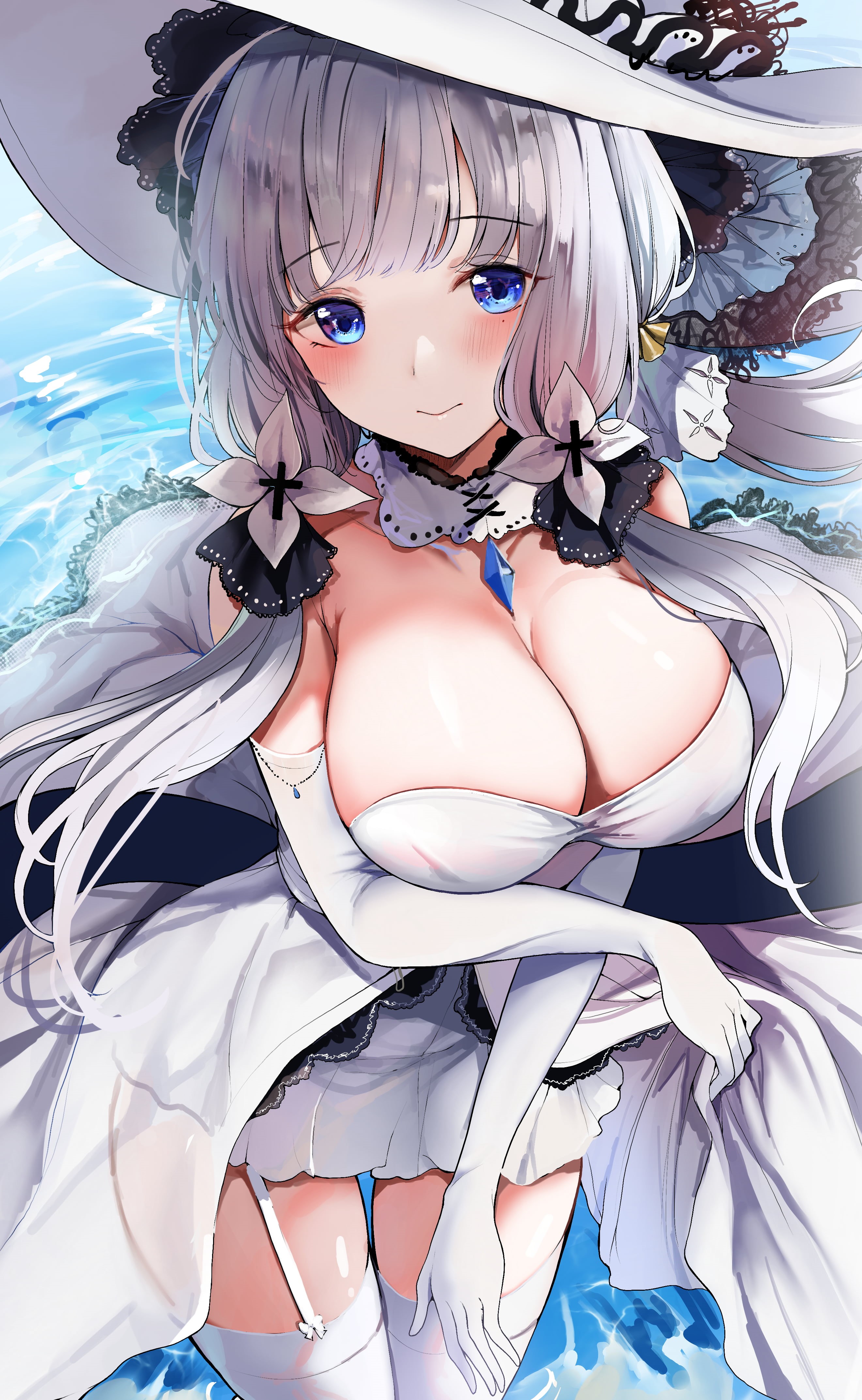 white hair, illustration, blue eyes, elbow gloves, white stockings, Sak, Azur Lane, 2D, vertical, video game girls, cleavage, garter straps, anime, bare shoulders, Phone HD Wallpaper