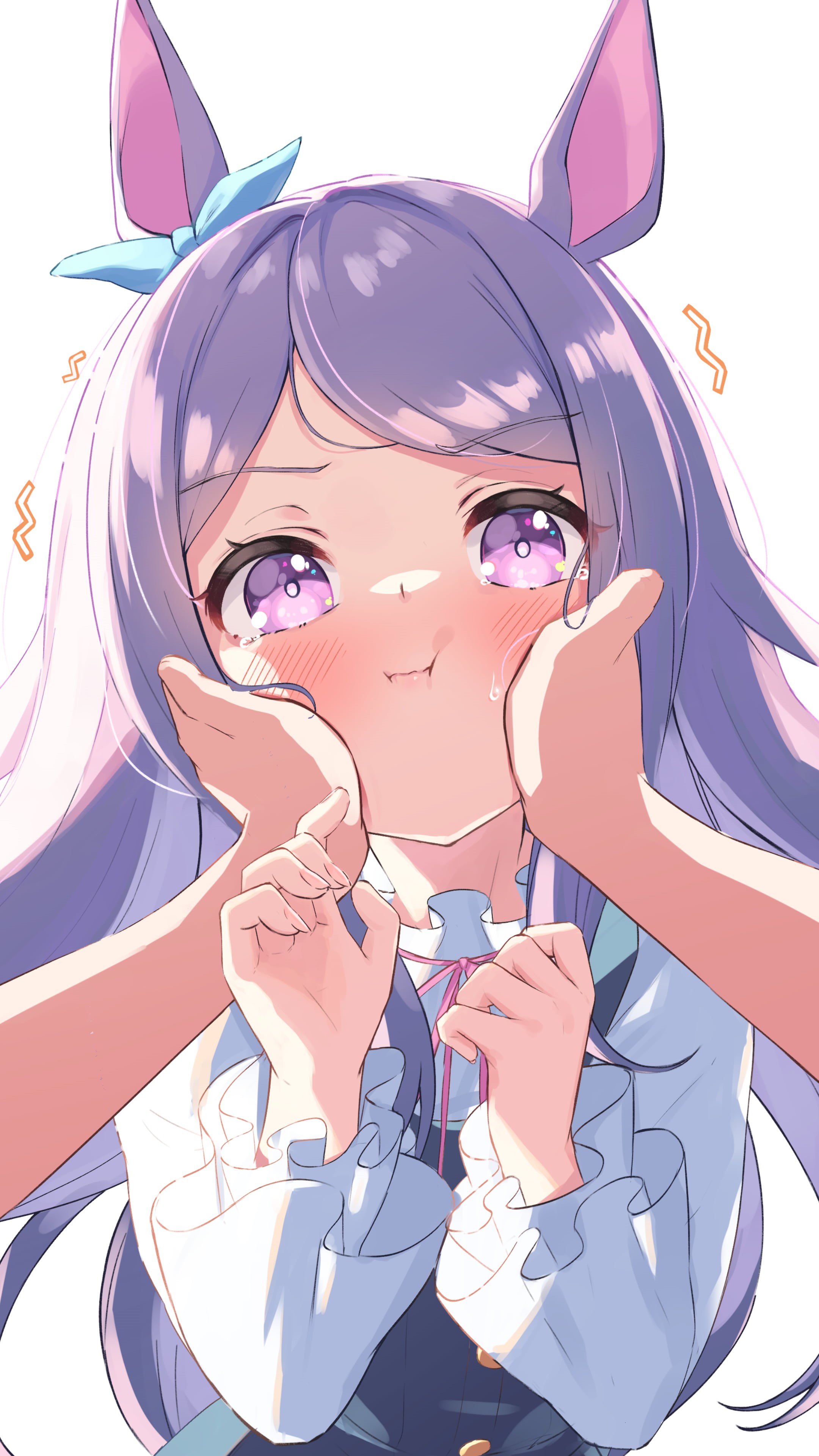 bangs, shiny hair, white t-shirt, looking at viewer, long hair, crying, anime girls, alternate outfit, purple eyes, vertical, 2D, artwork, pink nails, Mejiro McQueen (Uma Musume), Phone HD Wallpaper