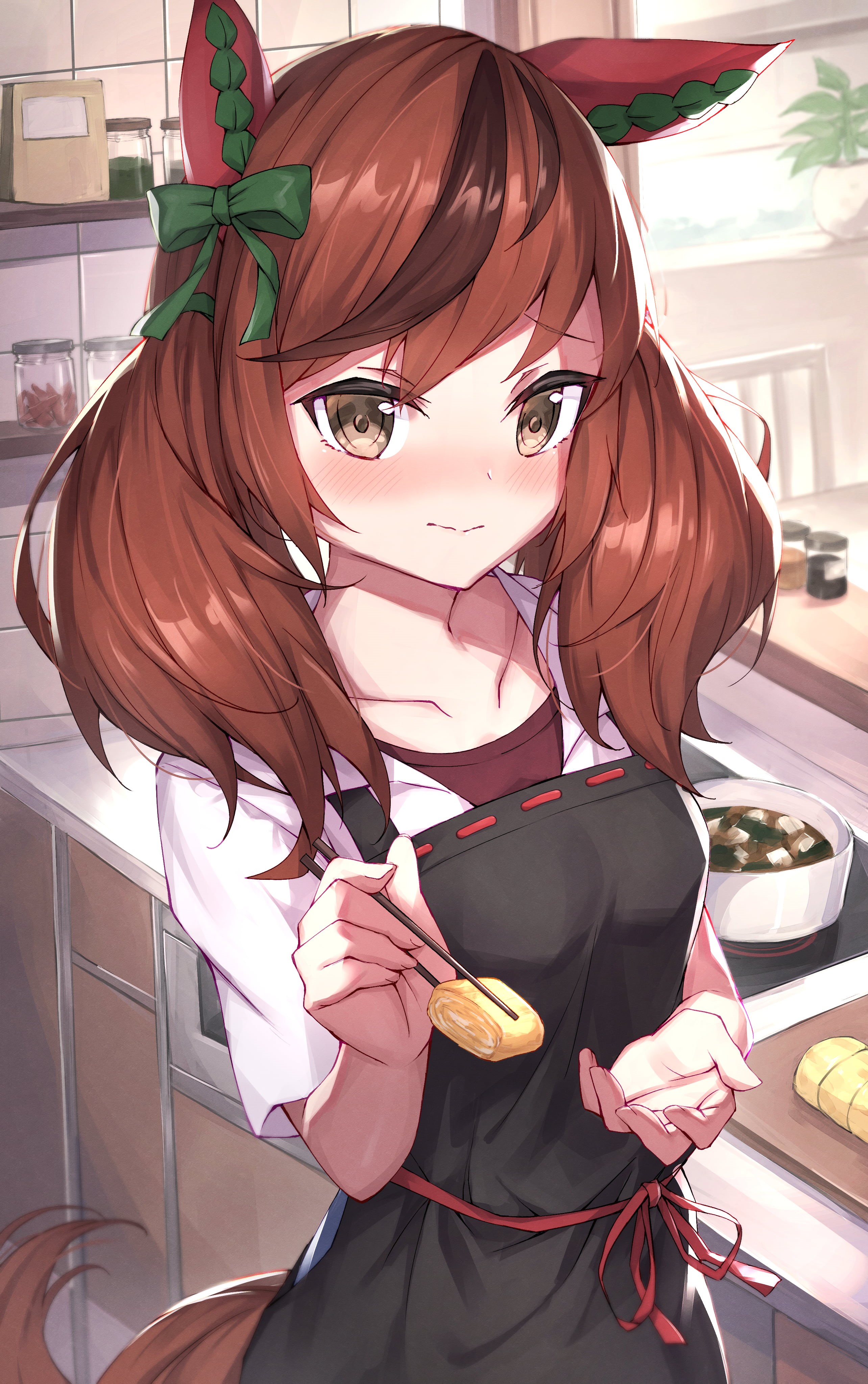 POV, animal ears, alternate costume, 4K, 2D, hair ribbon, kitchen, white jacket, brown eyes, vertical, Nice Nature (Uma Musume), Masaki, long hair, artwork, Phone HD Wallpaper