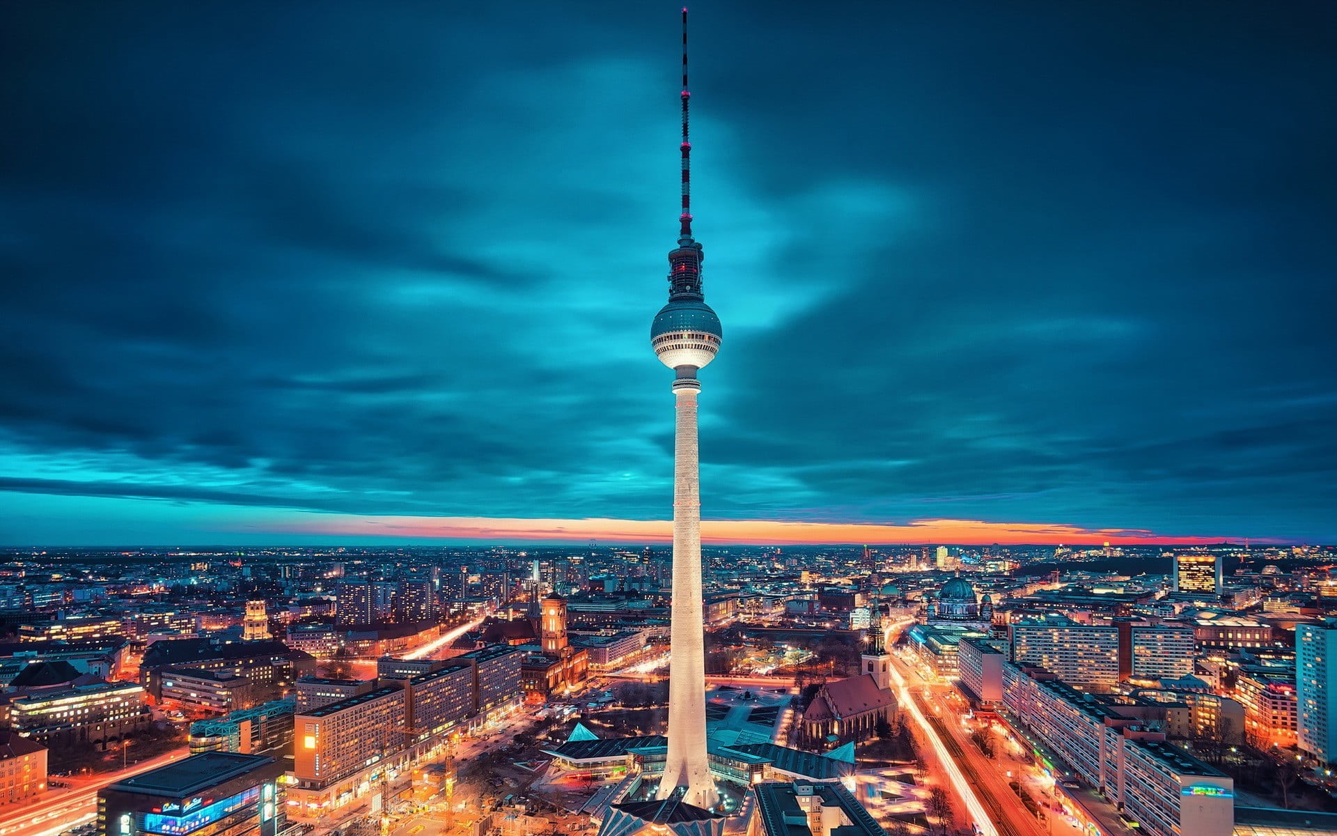 china, evening, Germany, skyscraper, city, global communications, clouds, spire, dusk, tall - high, tourism, travel, building exterior, modern, 1080P, HD Wallpaper