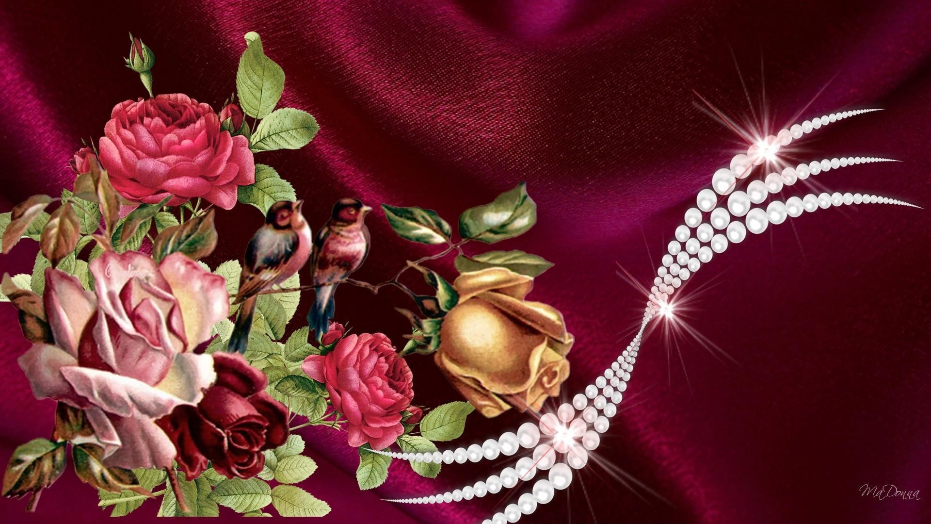 firefox persona, roses, silk, pearls, satin, flowers, stars, 3d and abstract, sparkle, birds, 1080P, vintage, jewels, HD Wallpaper