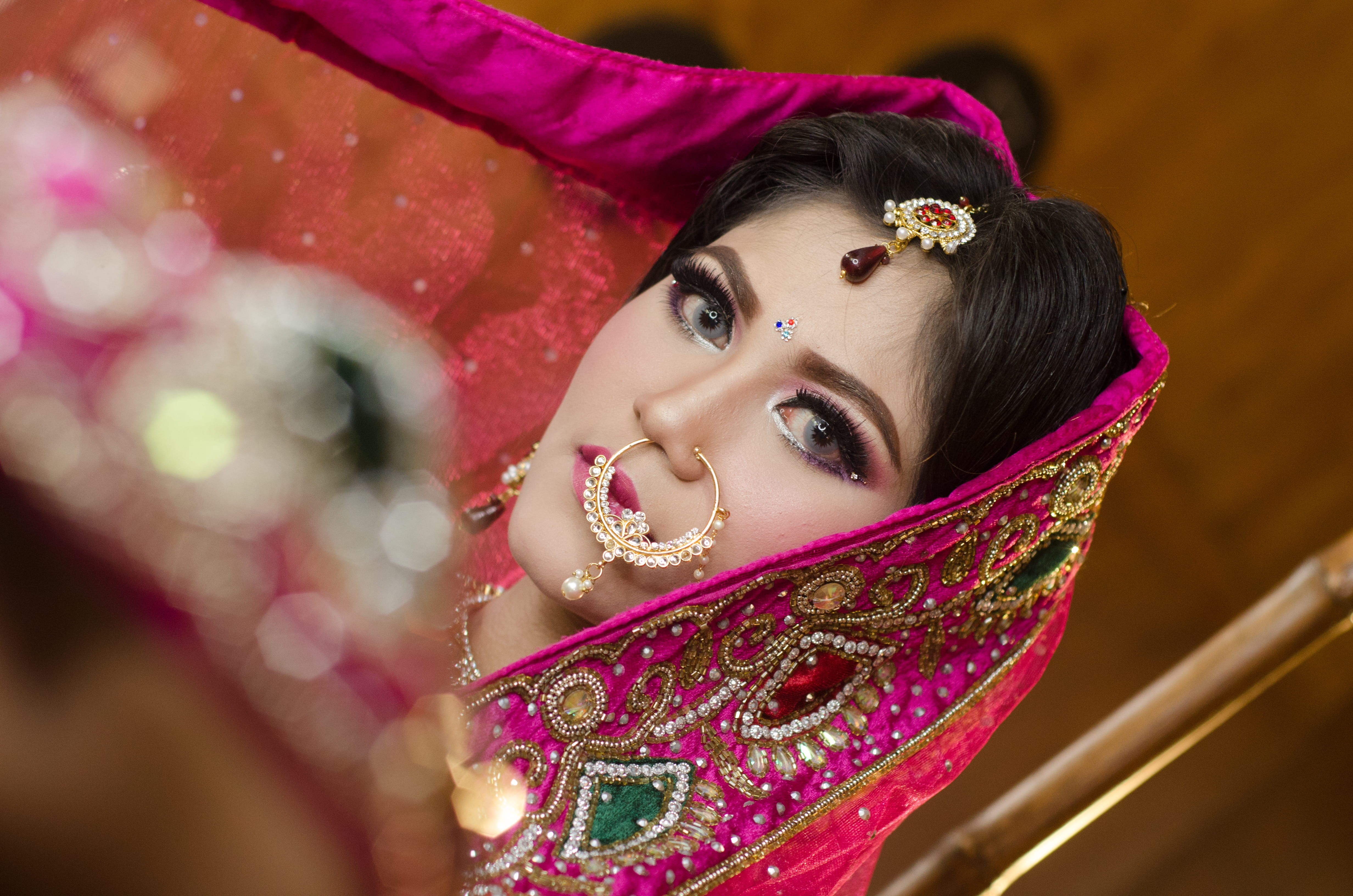 close-up, happiness, model, bride, clothing, festival, pink, 4K, color, multicolored, veil, jewelry, one person, traditional, glamour, style, nose ring, HD Wallpaper