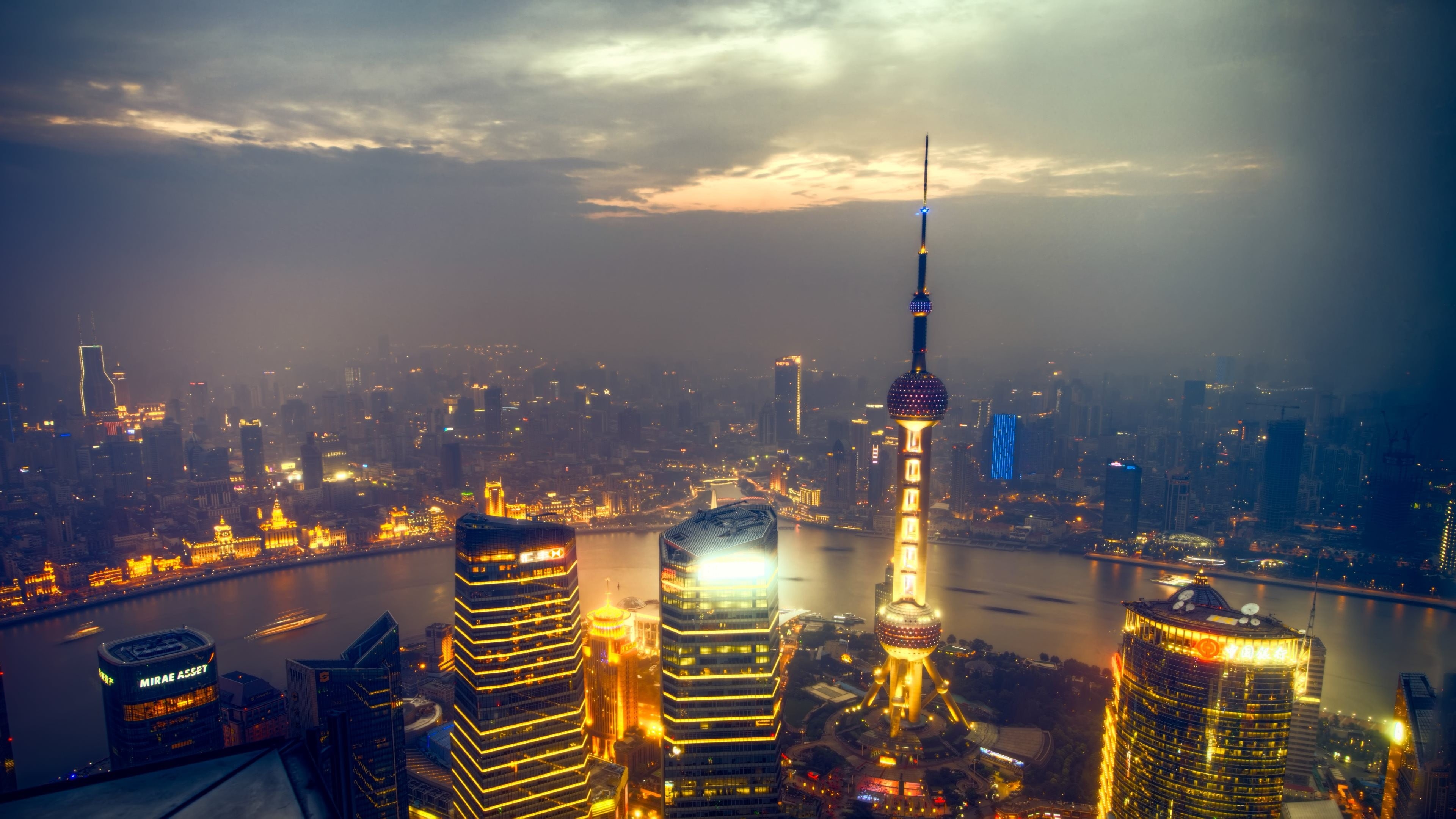 Shanghai, river, building exterior, cloud - sky, travel destinations, city, urban, tourism, illuminated, oriental, clouds, night, no people, office building exterior, HD Wallpaper