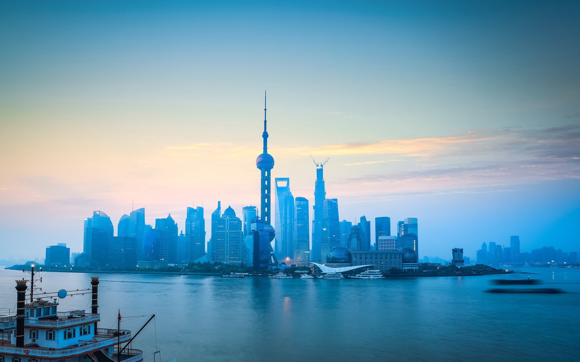 building, skyscraper, cityscape, travel, sunset, water, urban skyline, building exterior, china, sky, oriental, 1080P, financial district, modern, office building exterior, HD Wallpaper