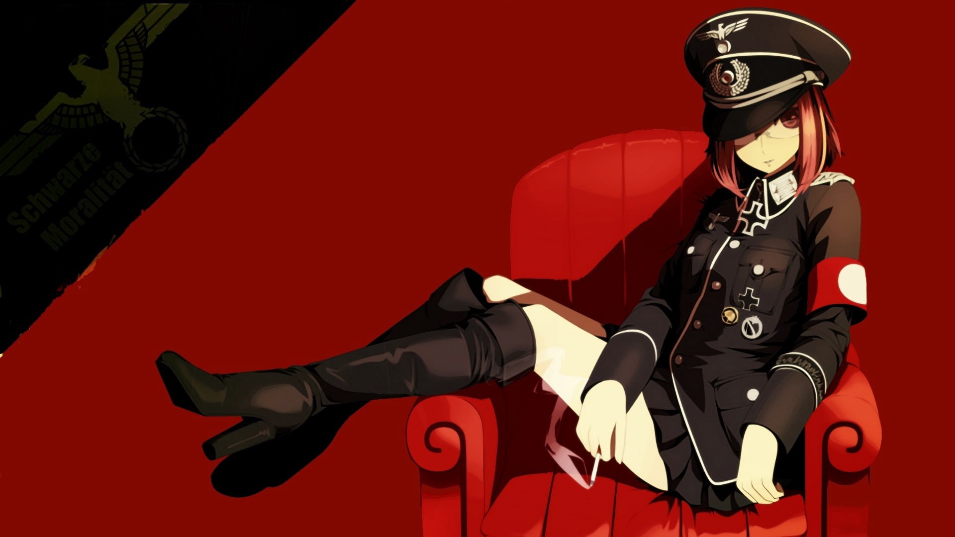 indoors, anime, illustration, armed Forces, chair, three quarter length, males, black, officer, vector, one Person, red background, red, standing, girl, HD Wallpaper