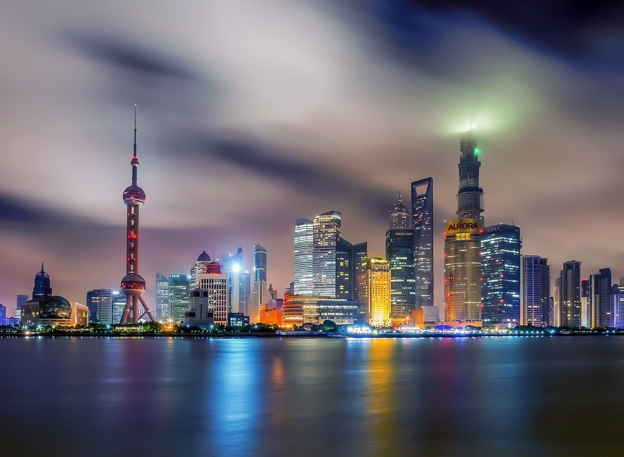 1080P, the city of Shanghai, city, home, Night, shangai, China, water, lights, HD Wallpaper