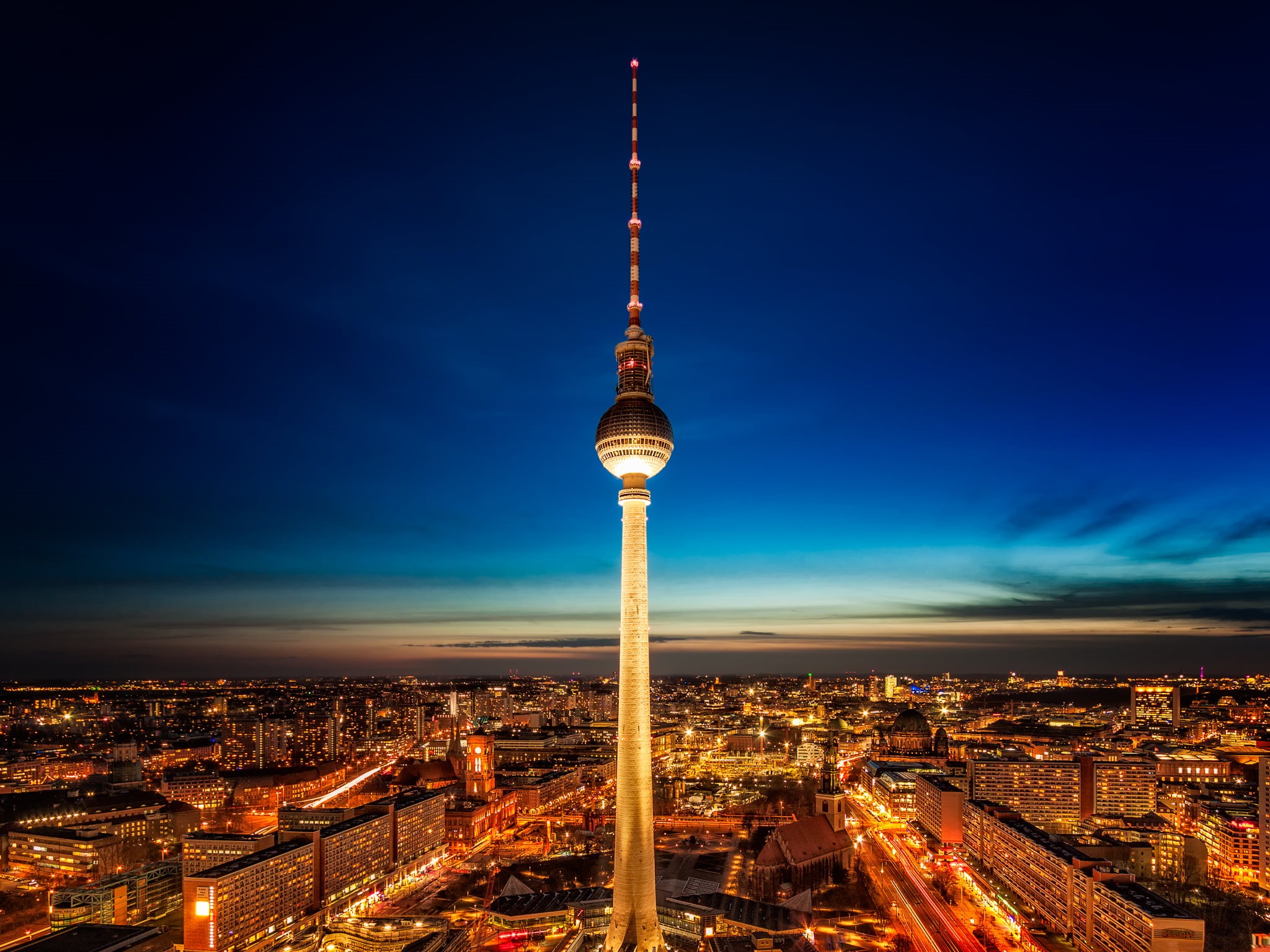 cityscape, Fernsehturm, sky, HDR Photography, 1080P, Light, dusk, urban Skyline, tower, skyscraper, downtown District, Night, Square, built Structure, HD Wallpaper