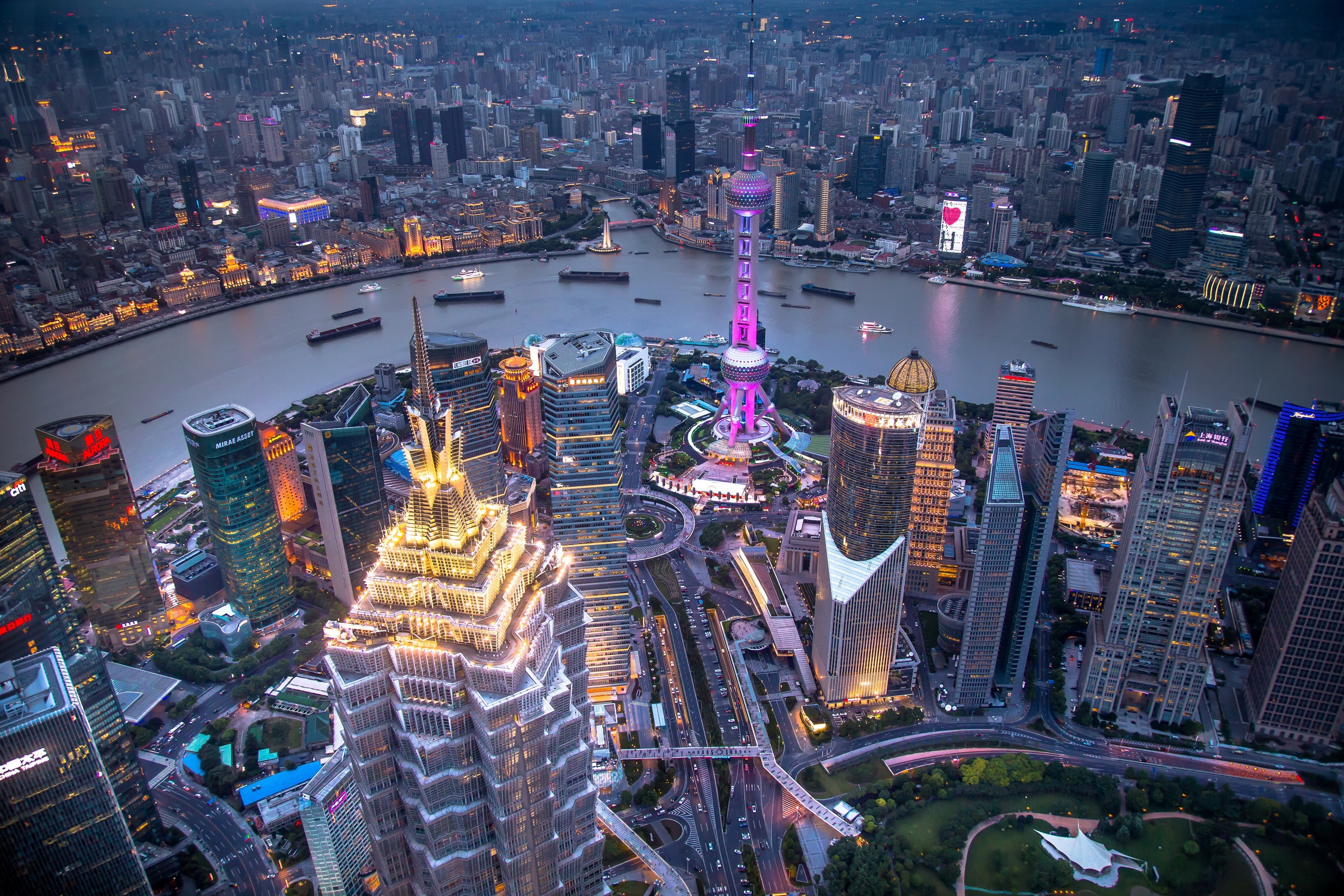 skycrapers, 2K, China, Shanghai, lights, panorama, boat, ship, evening, cityscape, river, HD Wallpaper