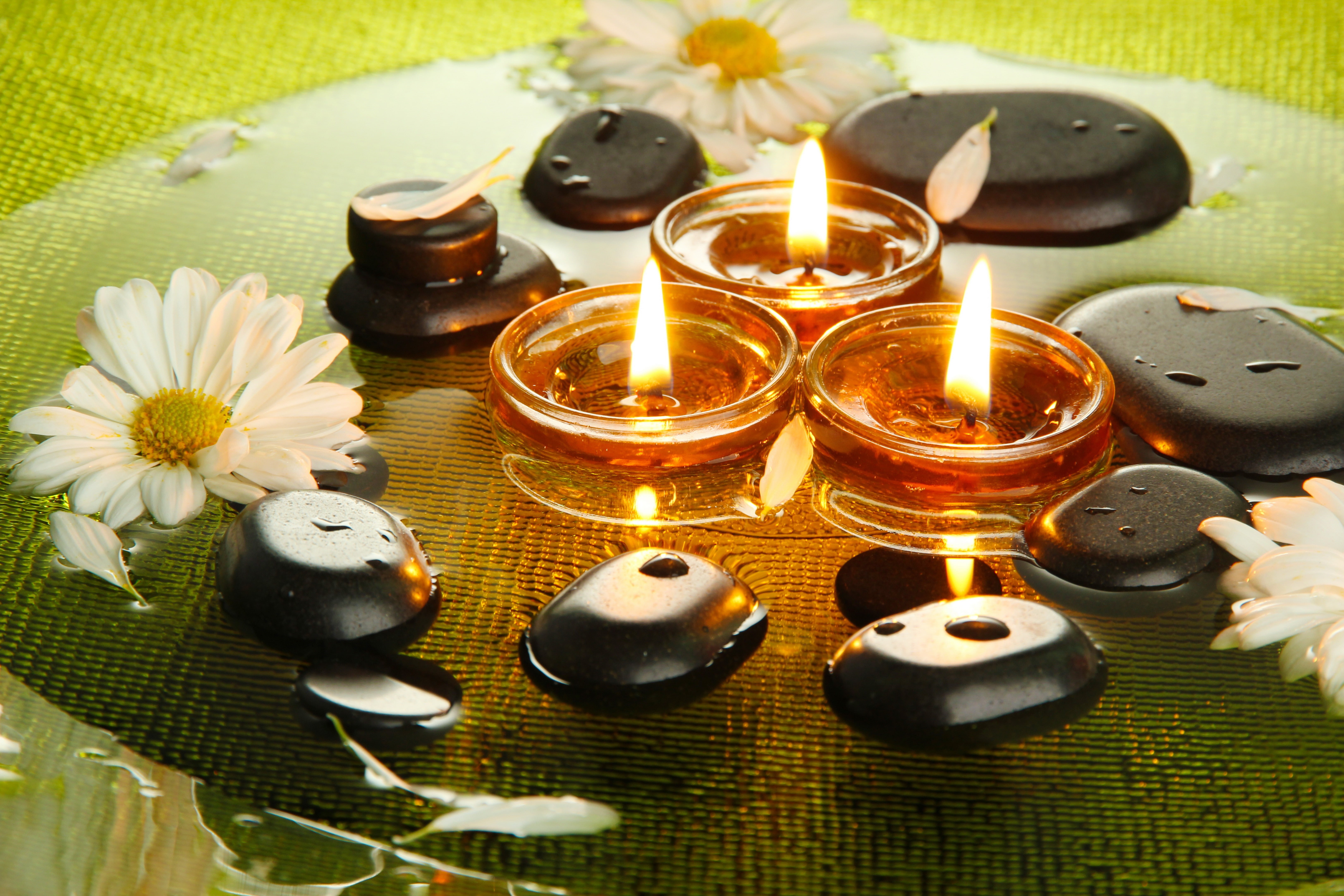 candles, indoors, nature, relaxation, heat - temperature, wellbeing, body Care, religion, candle, beauty Treatment, healthy Lifestyle, stone - Object, the flowers of chrysanthemum, HD Wallpaper